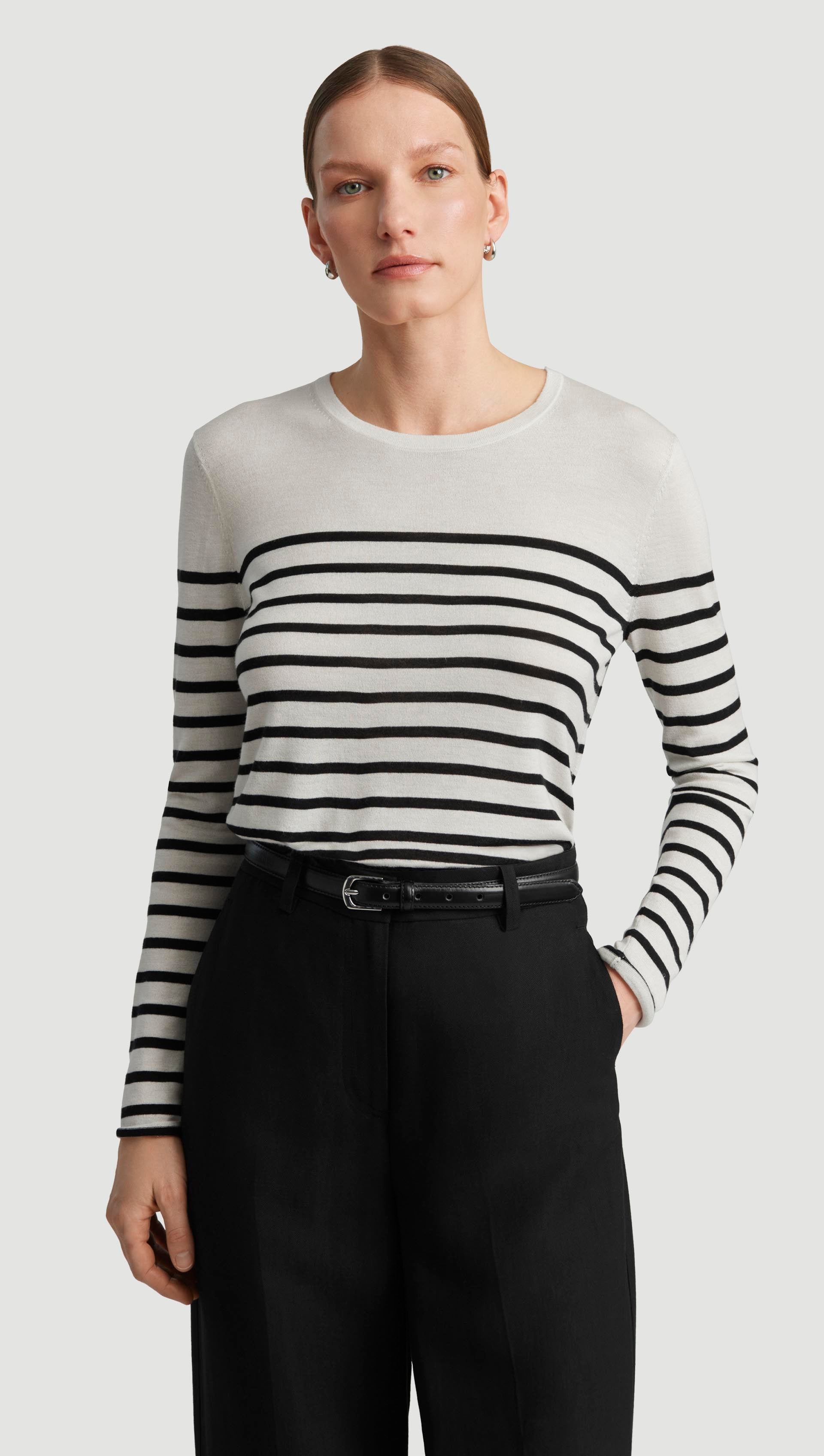 Fine Longsleeve Crewneck Knit in Wool Silk | White/Black Stripe