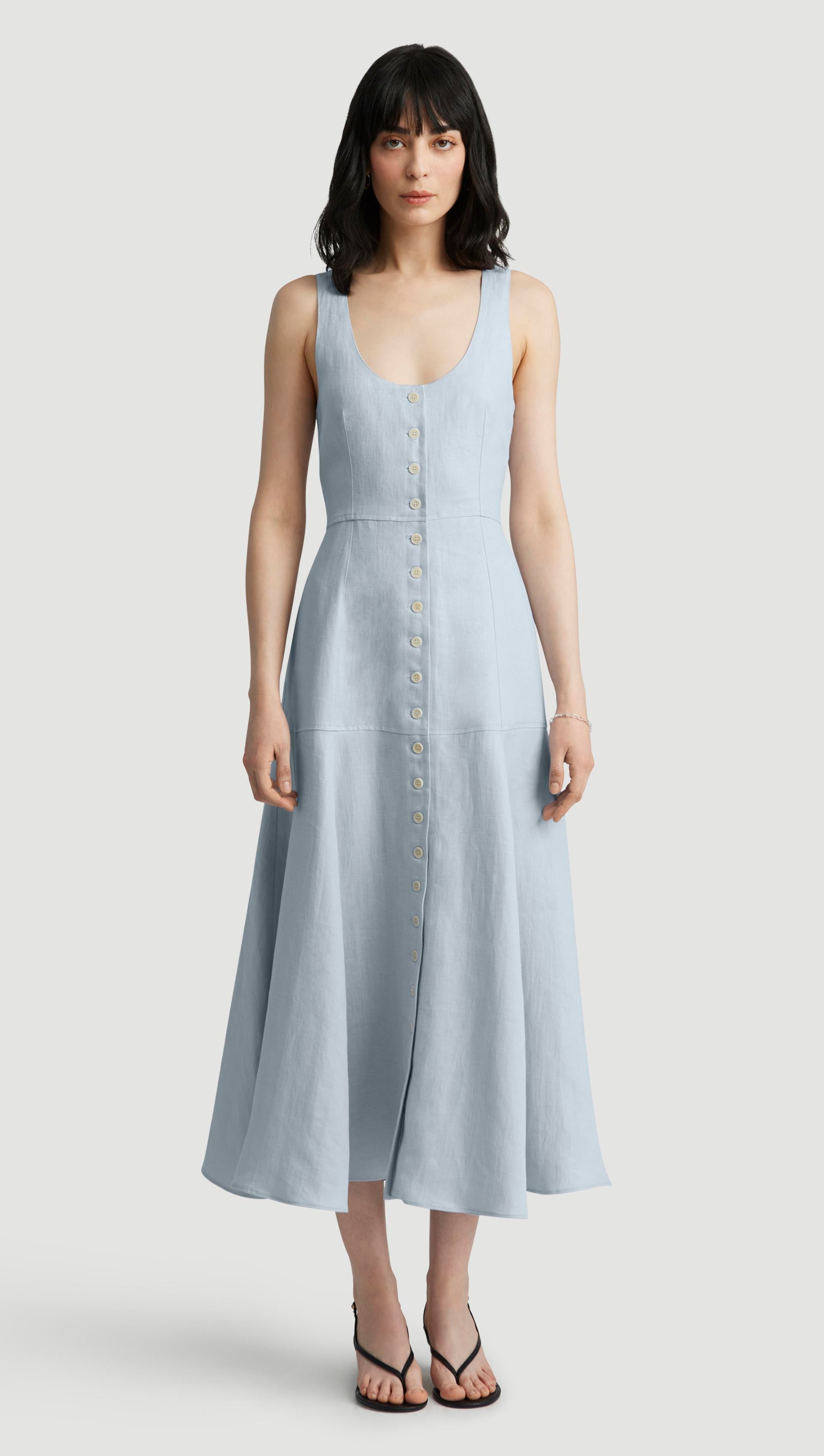 Marcy Dress in Linen Twill | Glacier