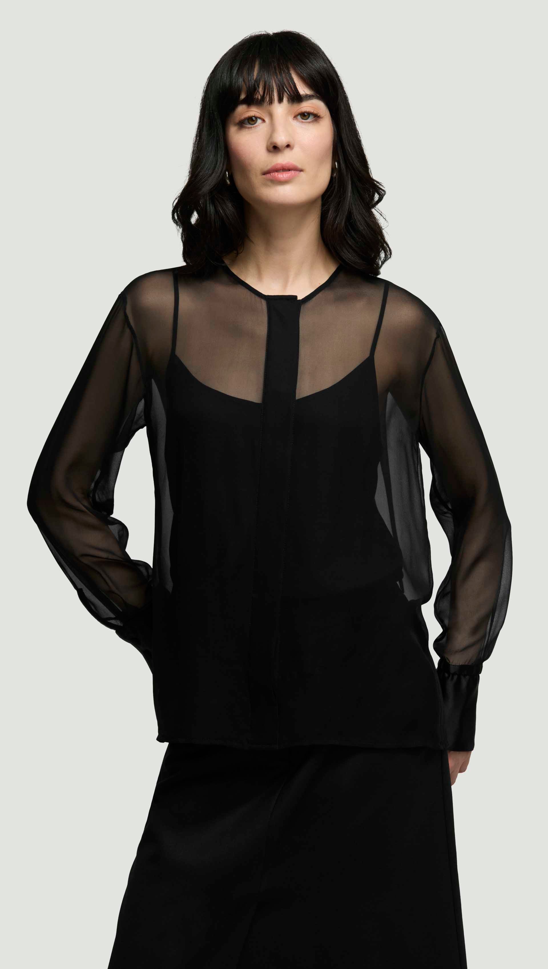 Collarless Blouse in Silk Chiffon | Black