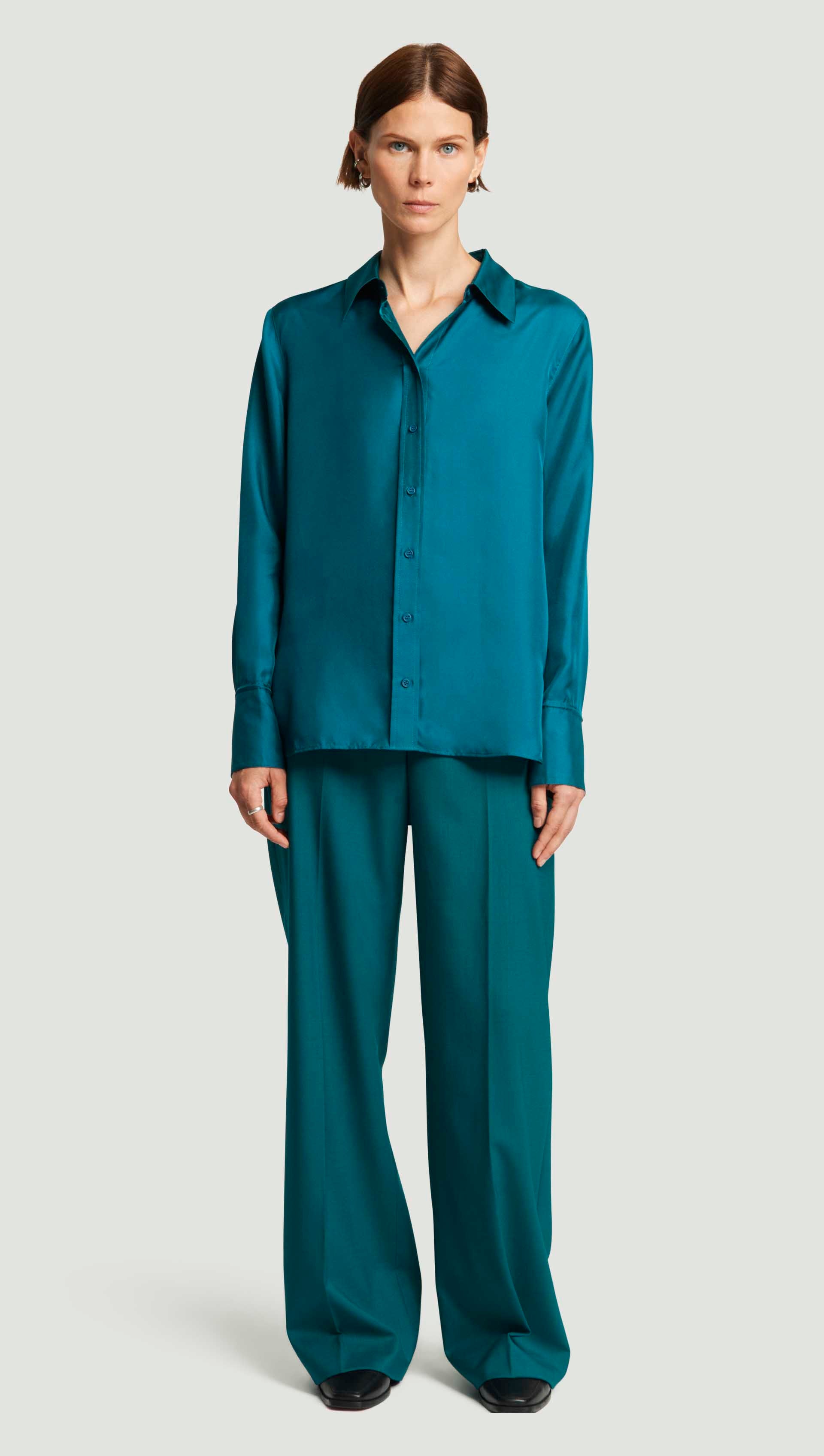 Slim Blouse in Silk Twill | Teal