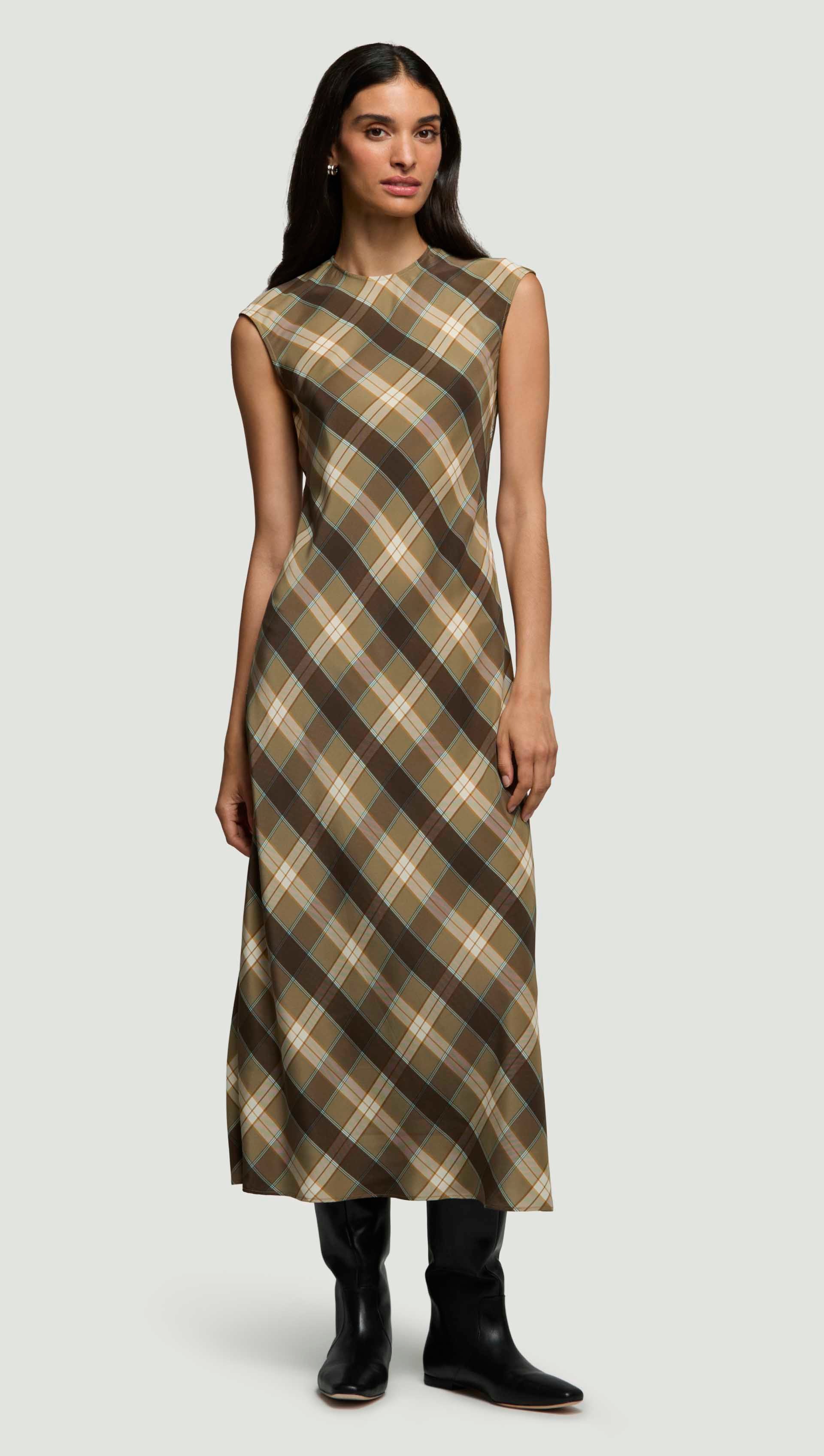 Bias Dress in Silk Charmeuse | Brown Plaid