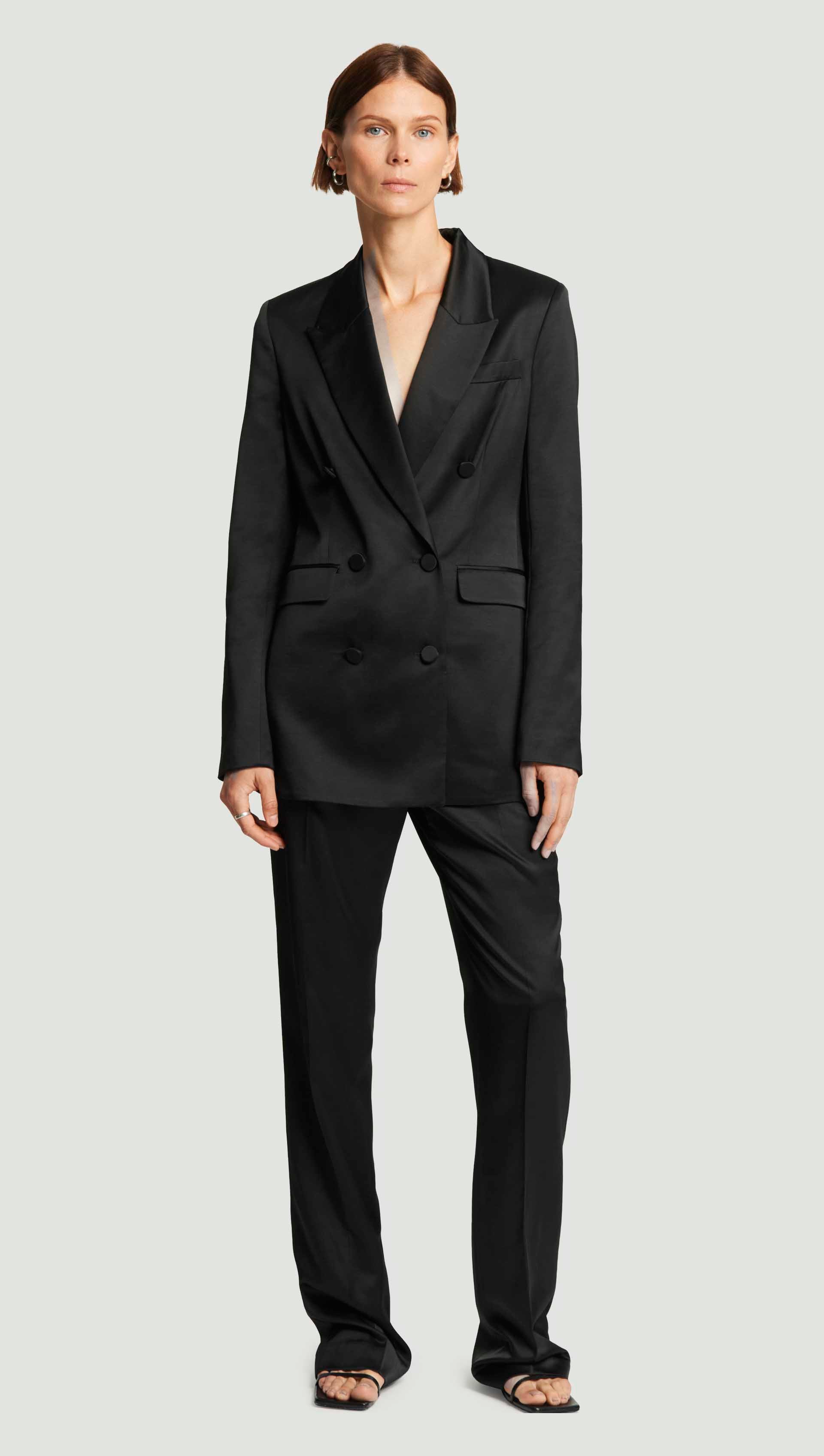 Double-Breasted Blazer in Satin Viscose Wool | Black