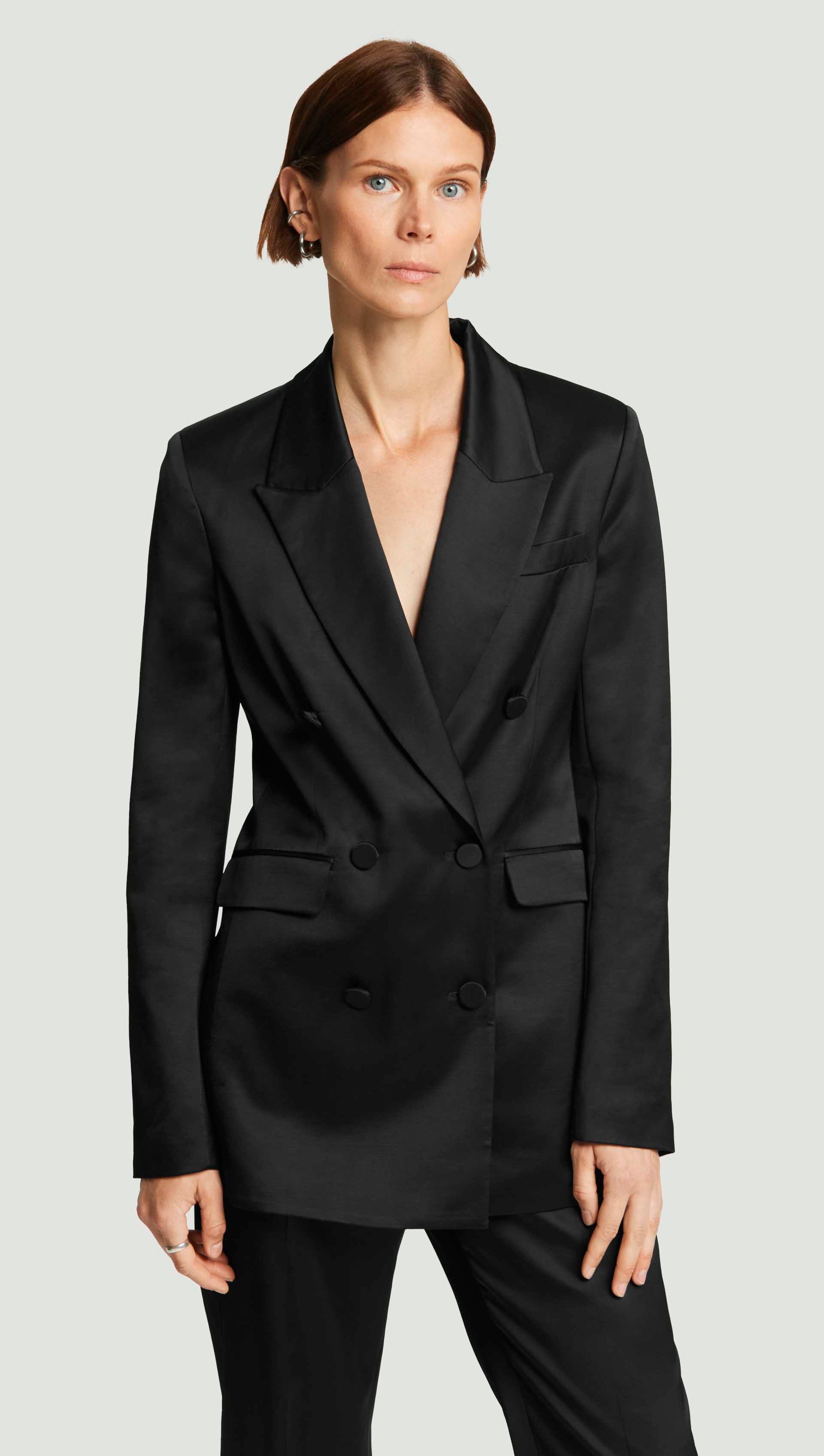 Double-Breasted Blazer in Satin Viscose Wool | Black