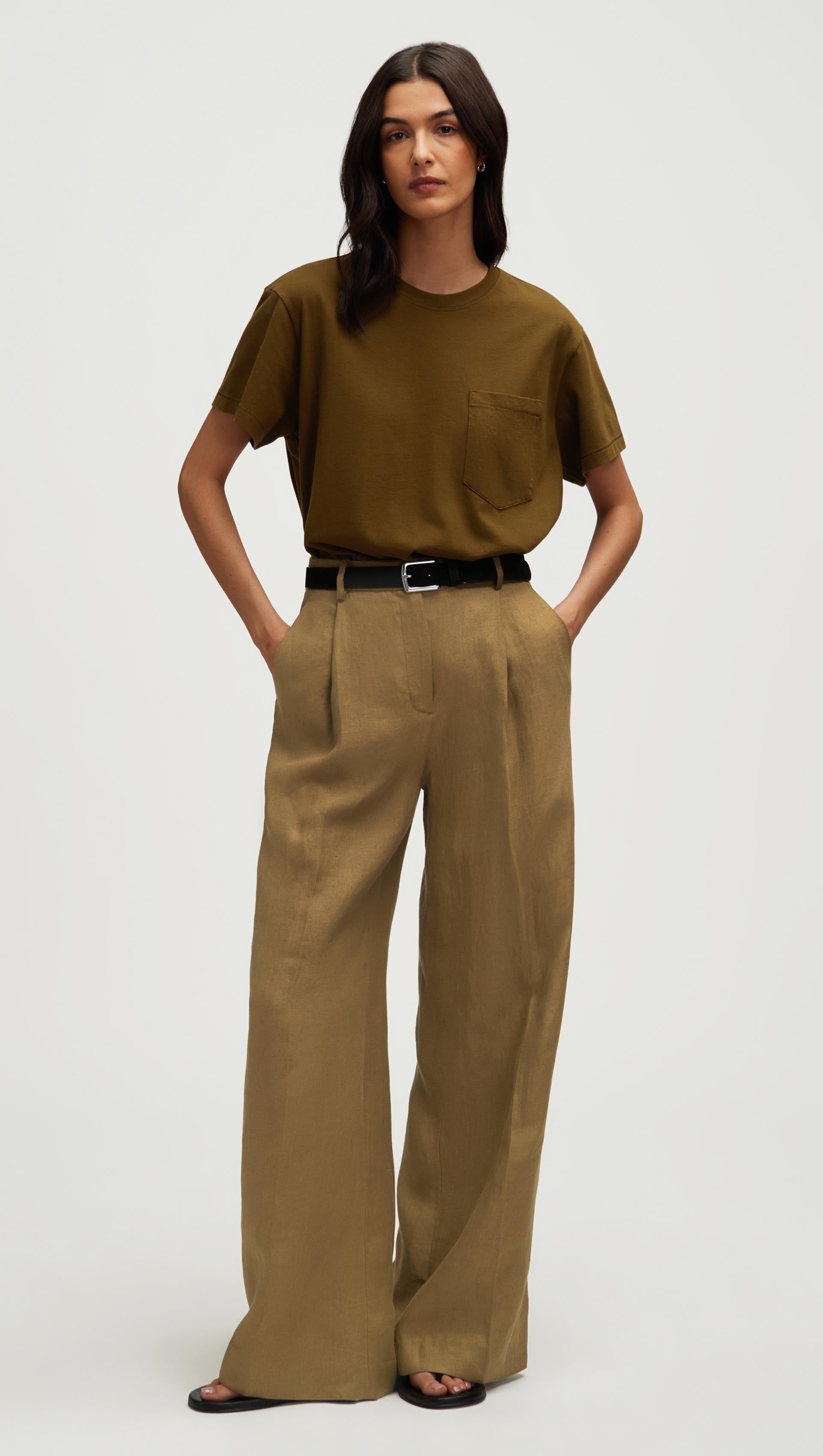 Single Pleat Trouser in Basket Weave Linen | Fern