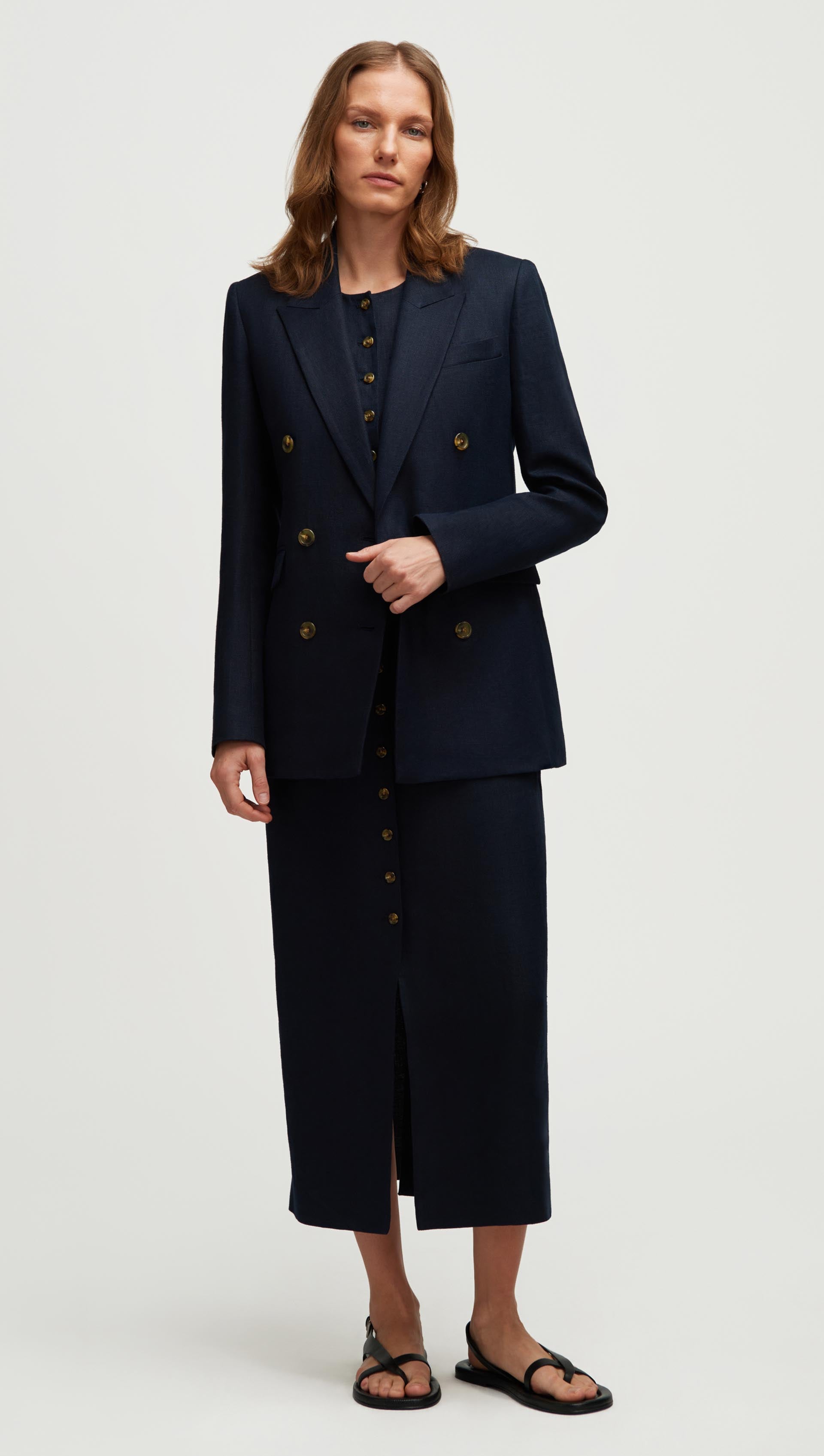 Double-Breasted Blazer in Basket Weave Linen | Midnight