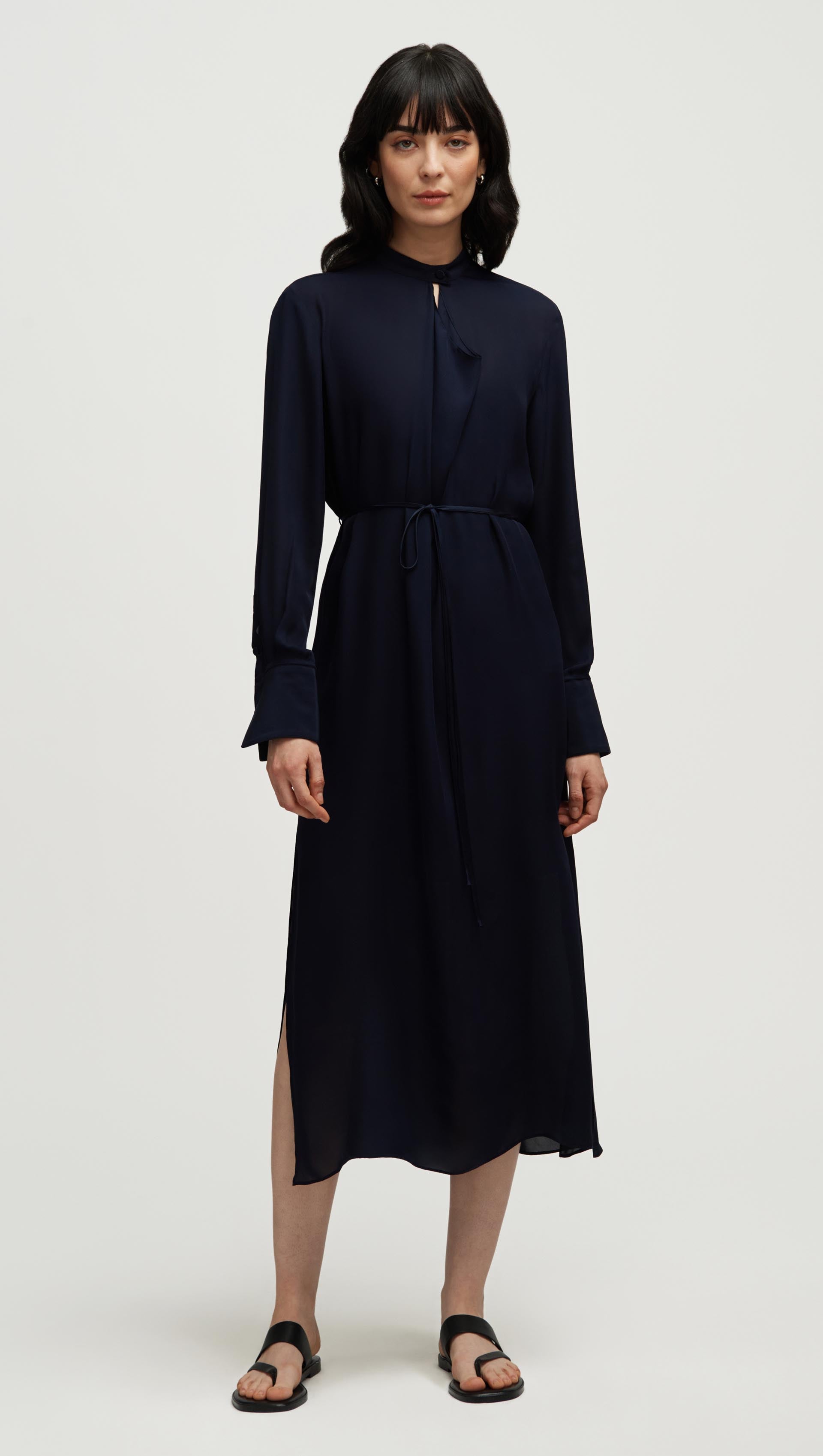 Longsleeve Cowl Neck Dress in Silk | Midnight