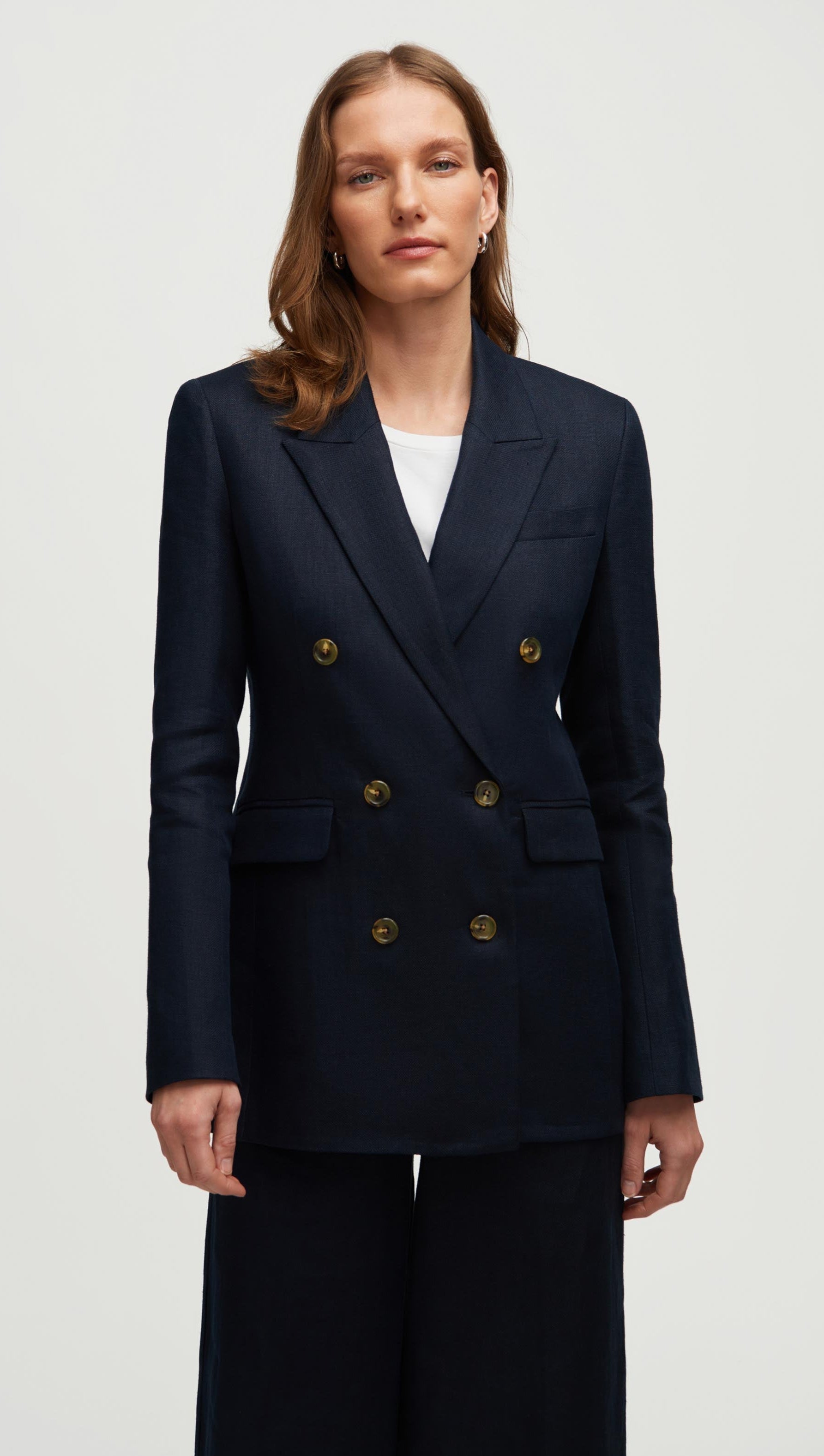 Double-Breasted Blazer in Basket Weave Linen | Midnight