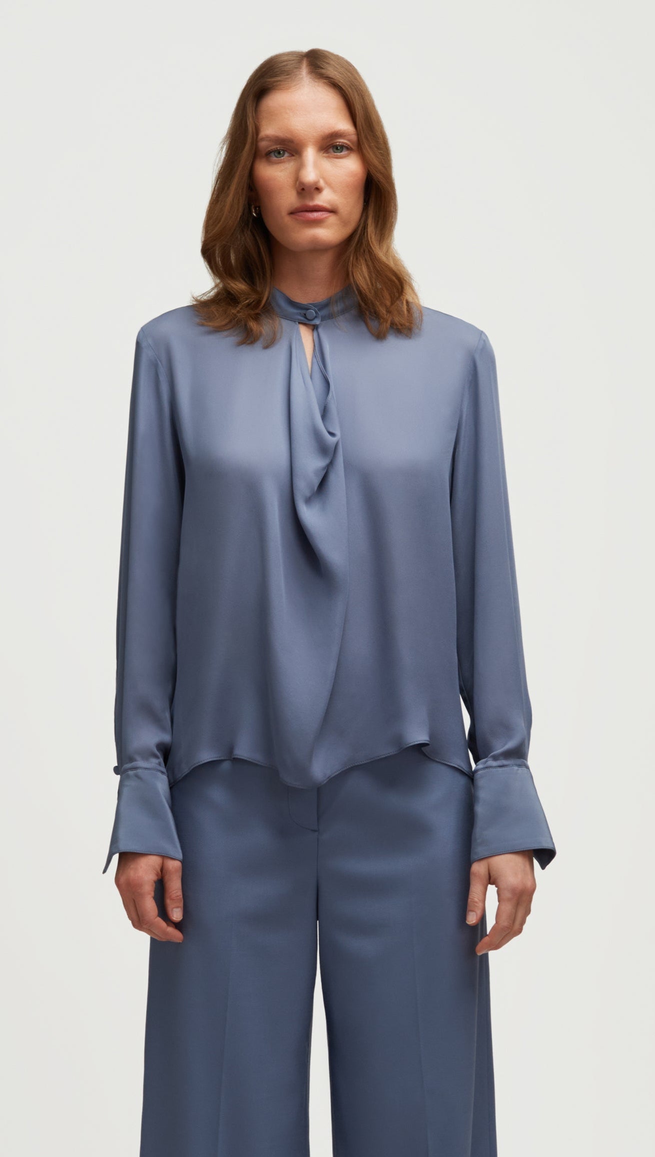 Cowl Neck Blouse in Double Georgette | Powder Blue