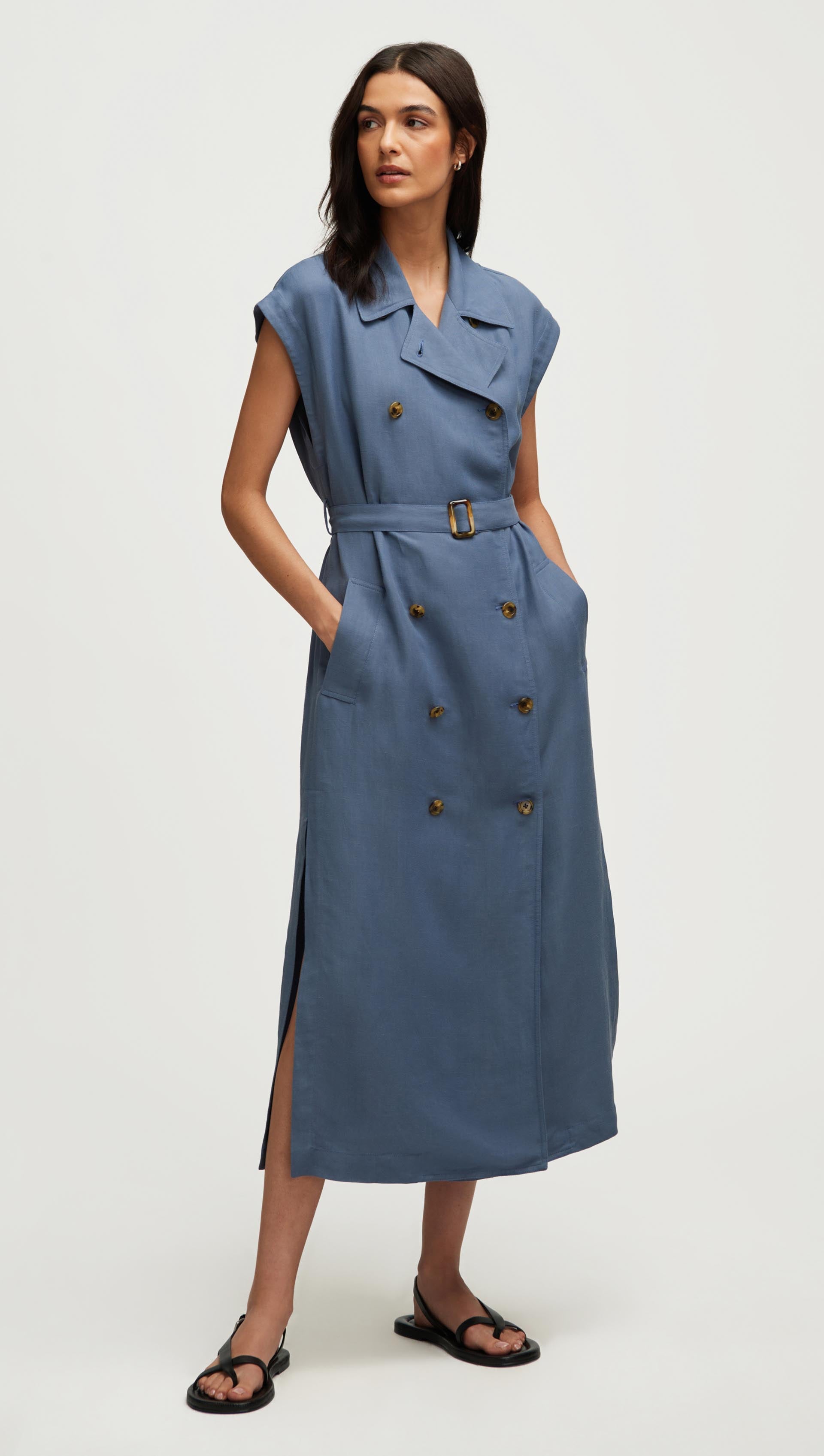 Trench Dress in Viscose Linen Twill | Powder Blue