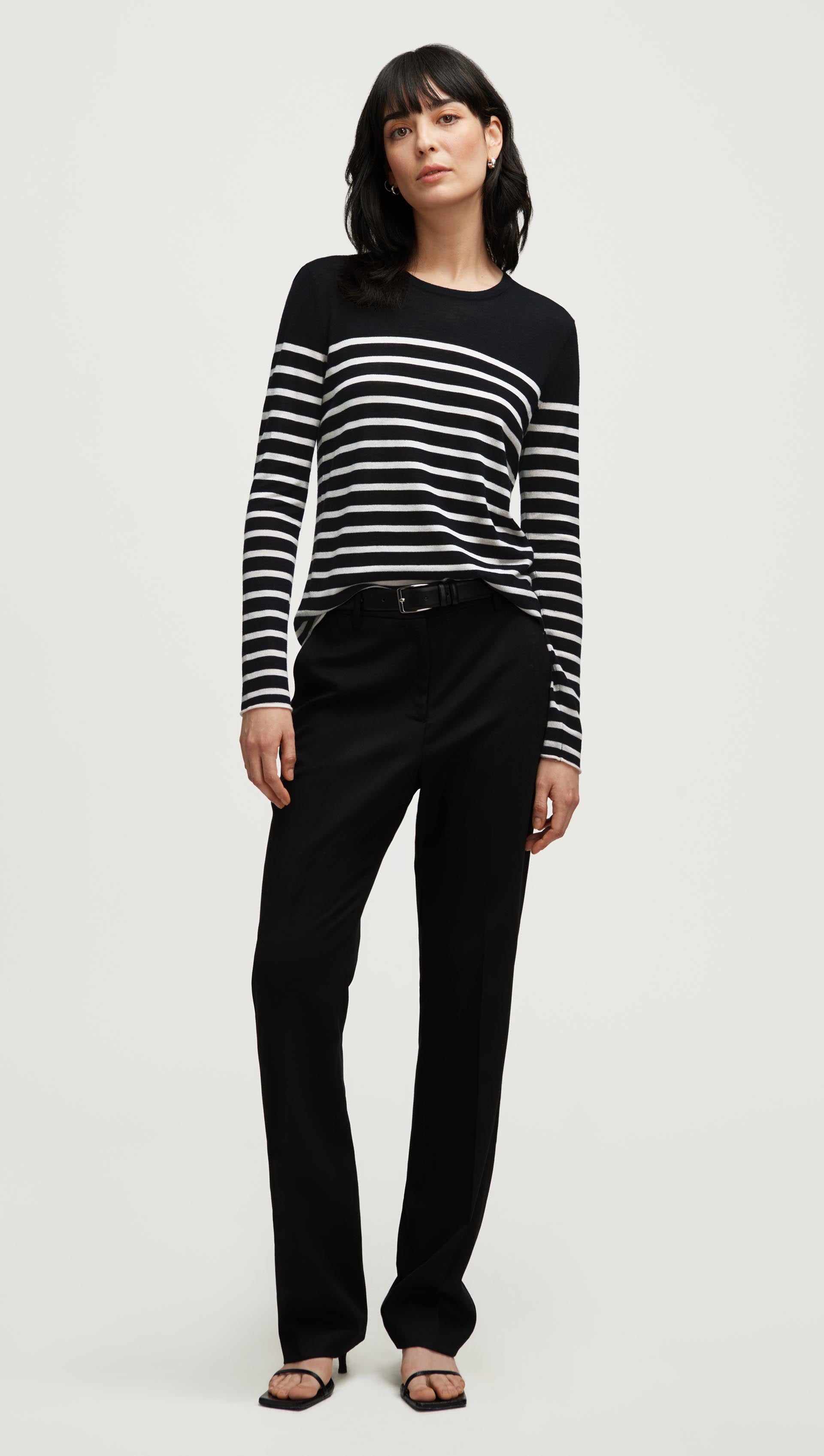 Fine Longsleeve Crewneck Knit in Wool Silk | Black/White Stripe