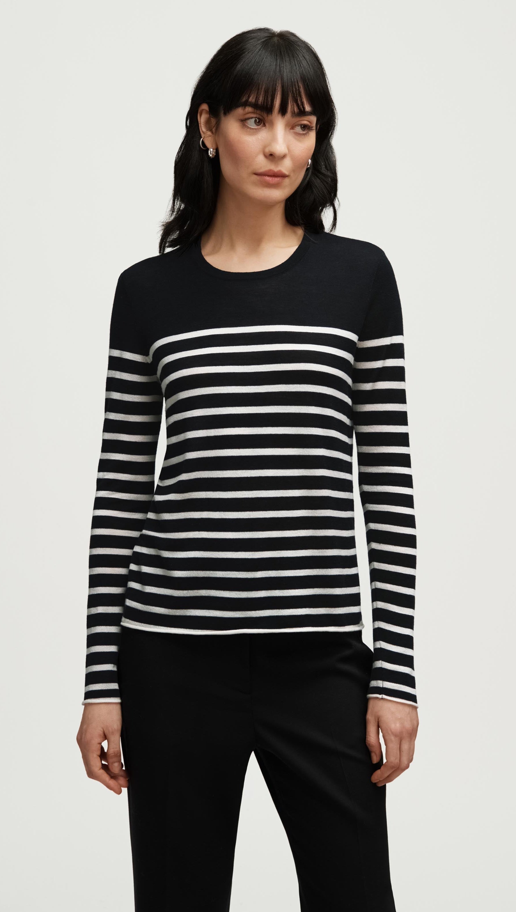 Fine Longsleeve Crewneck Knit in Wool Silk | Black/White Stripe