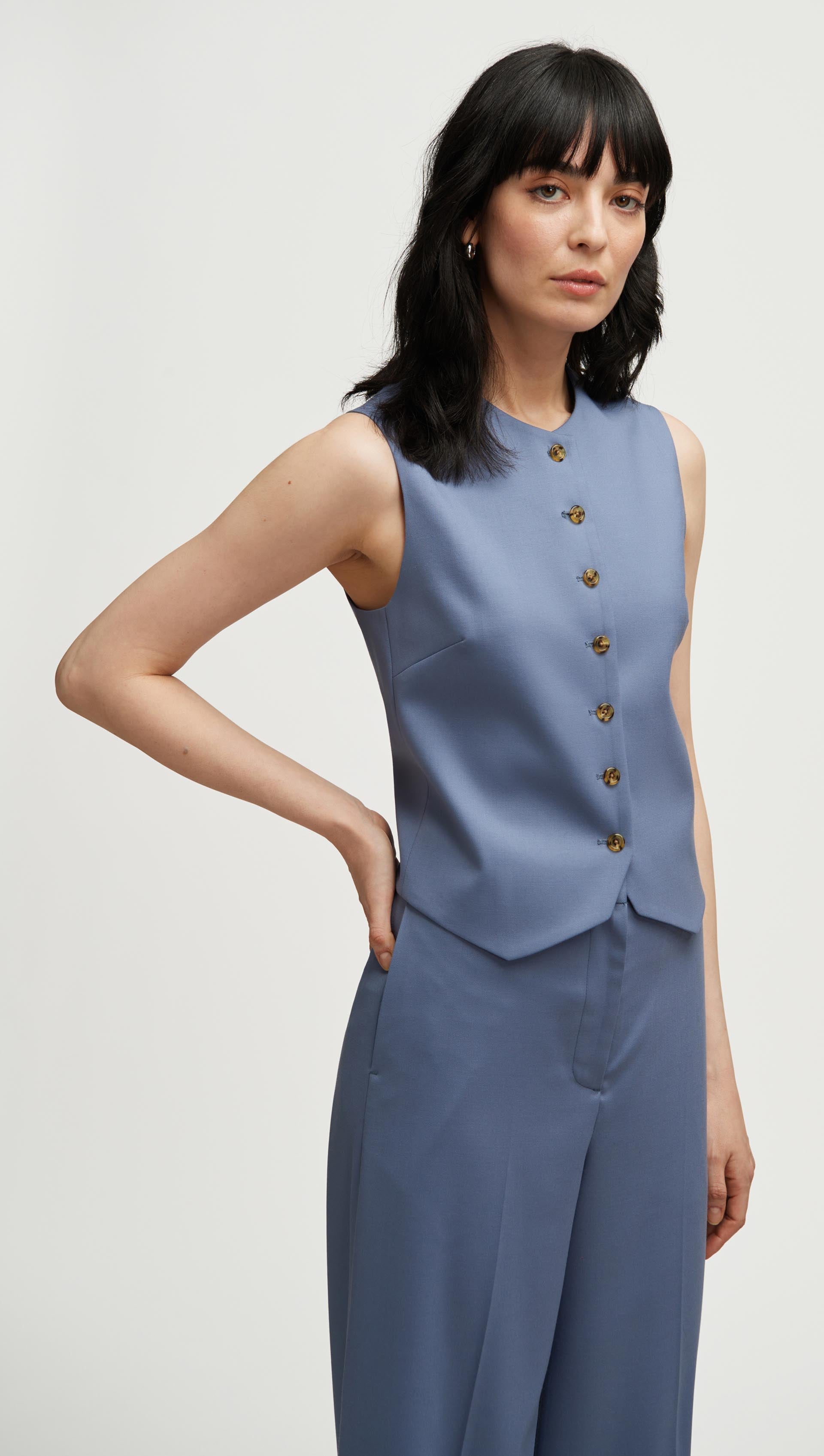 High-Neck Button Waistcoat in Seasonless Wool | Powder Blue