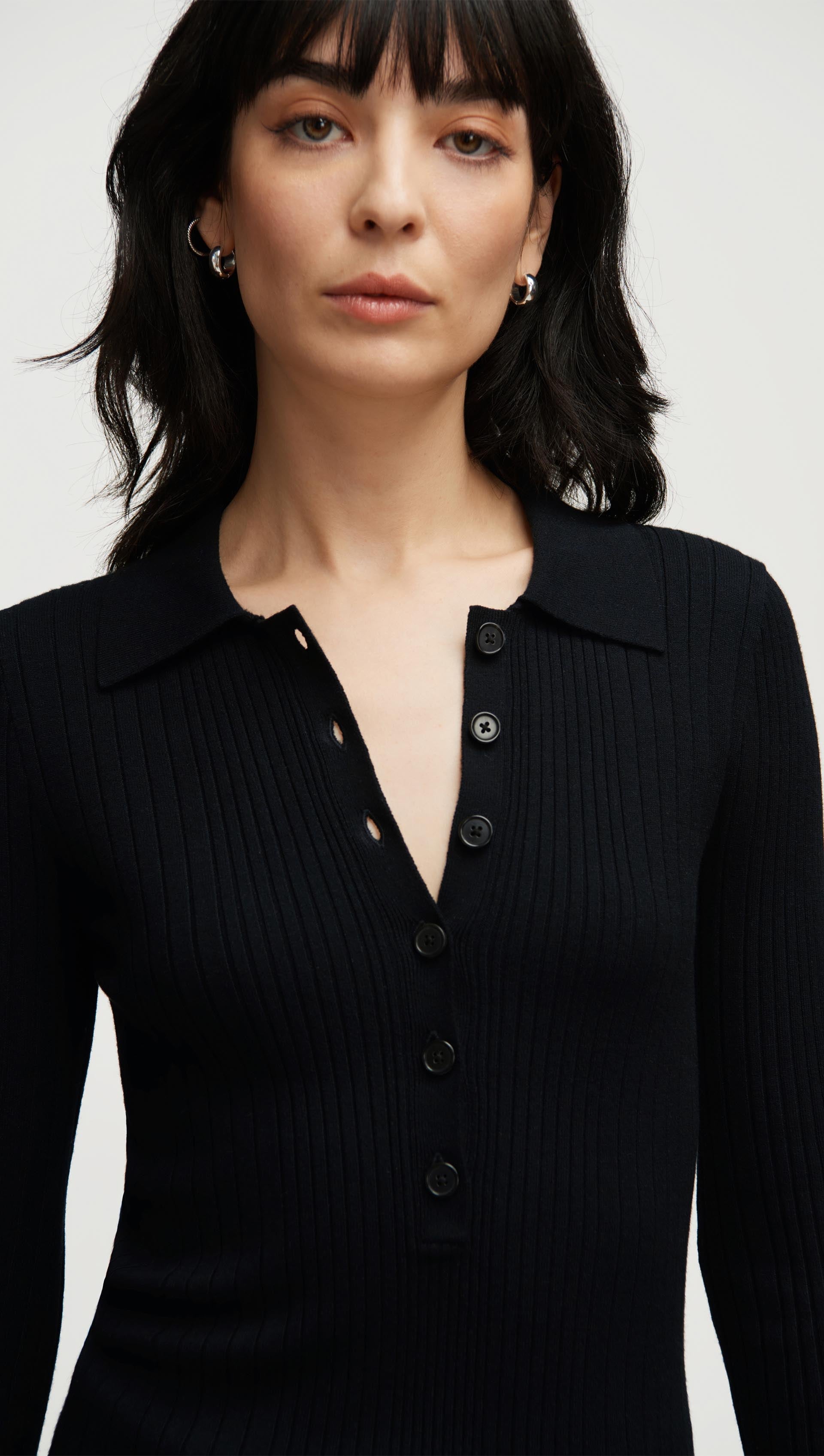 Ribbed Collar Sweater in Viscose Polyester | Black