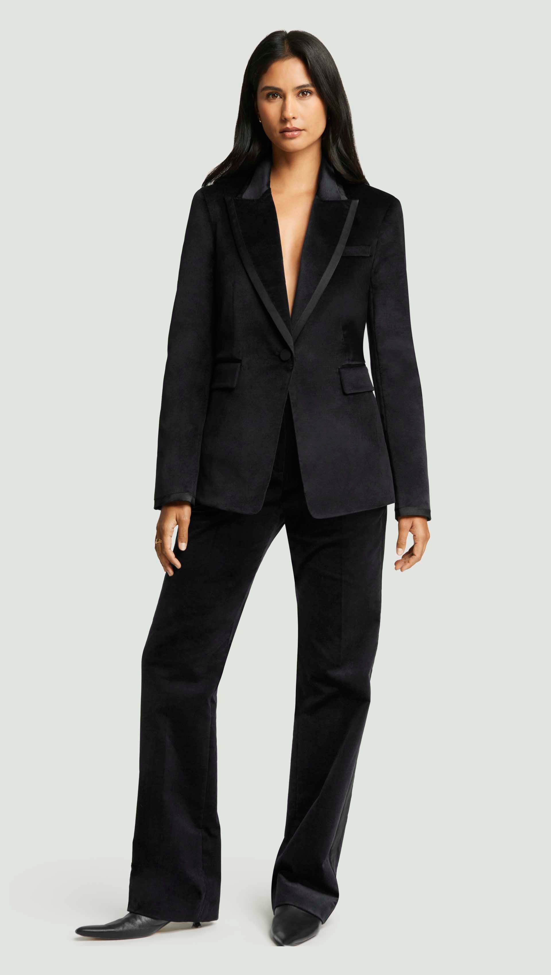 Sculpted Blazer in Velvet w/Satin Detail | Black