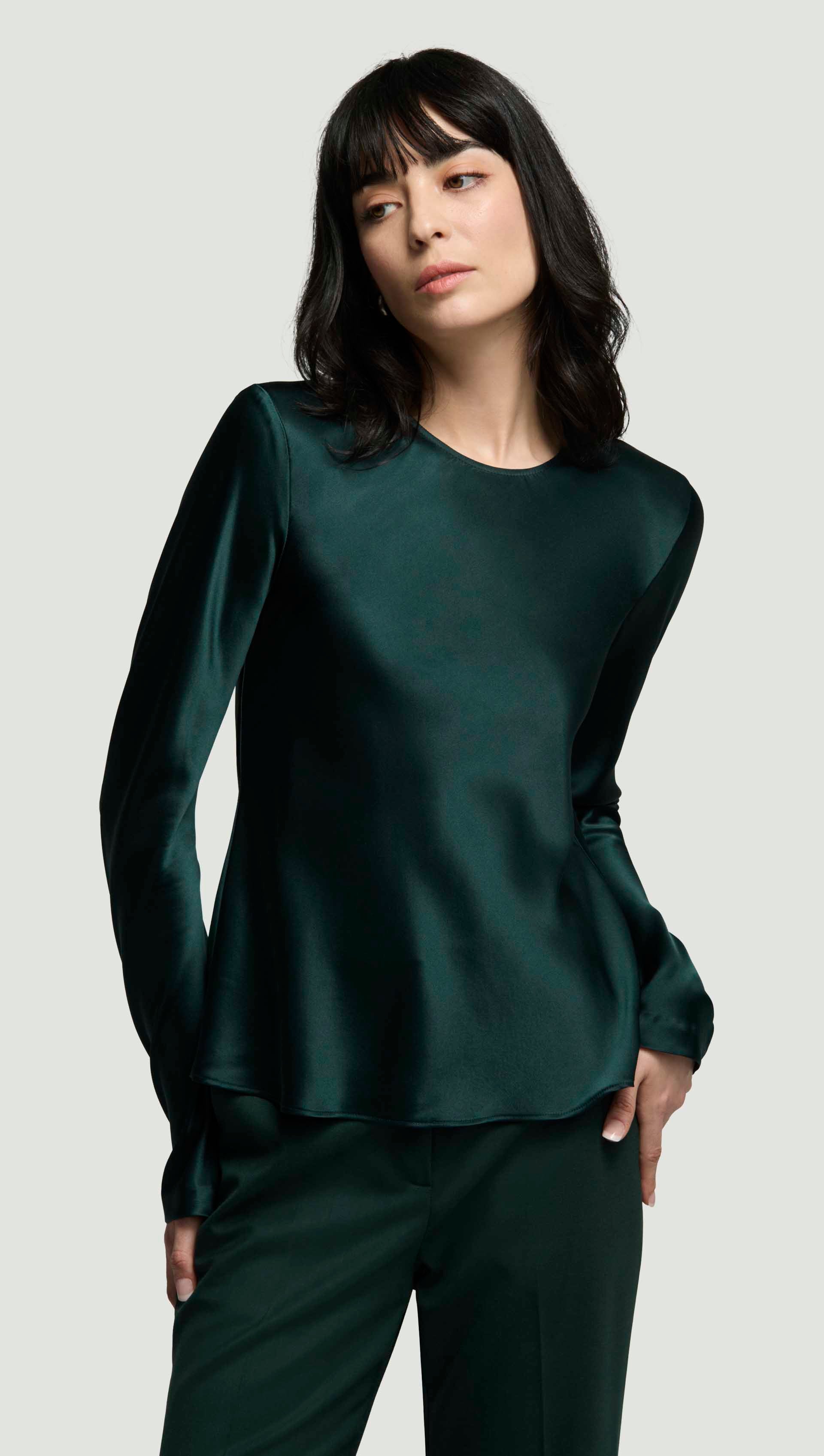 Longsleeve Bias Top in Silk Charmeuse | Deep Forest