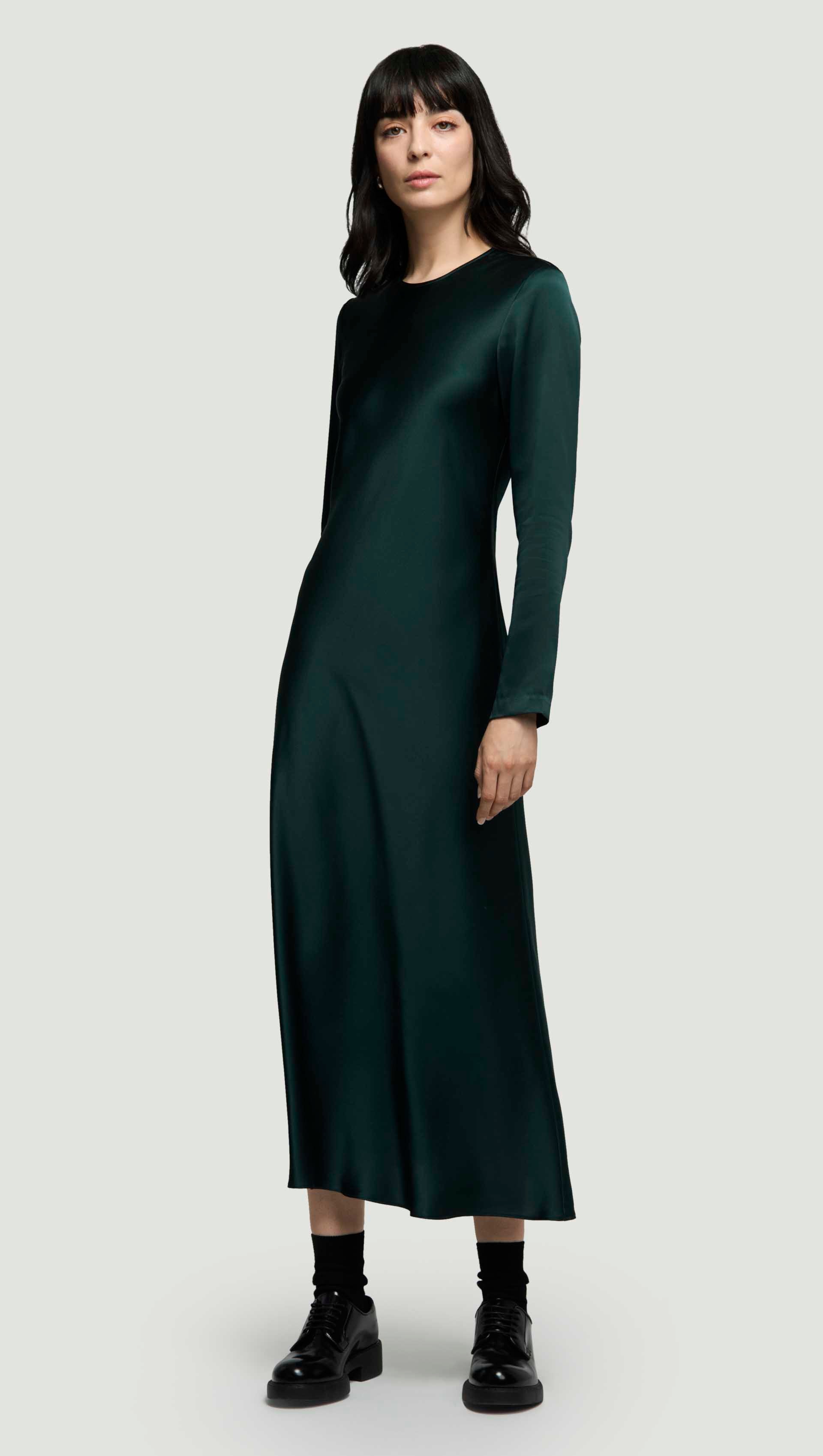 Longsleeve Bias Dress in Silk Charmeuse | Deep Forest