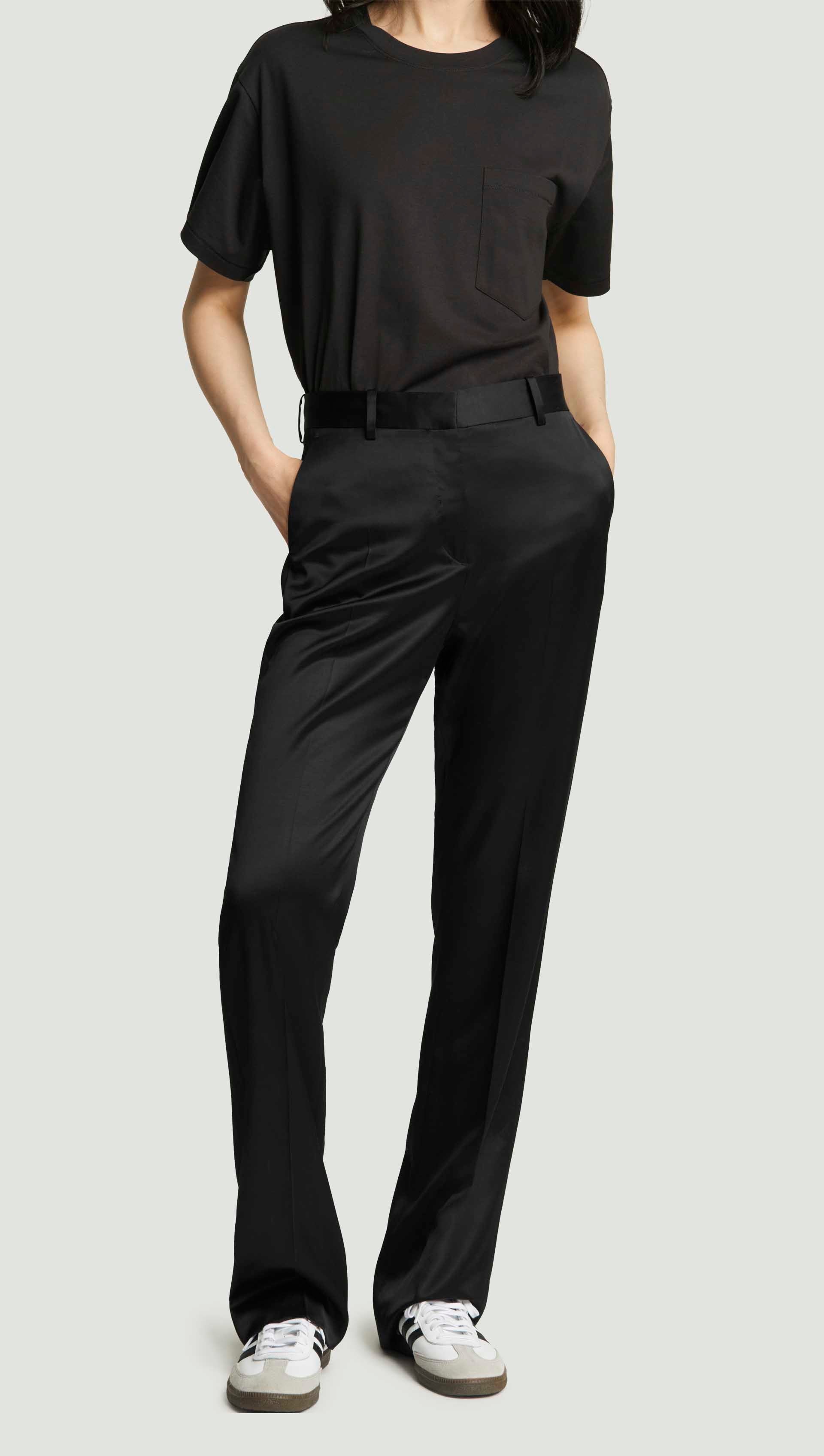 Straight Leg Trouser in Satin Viscose Wool | Black