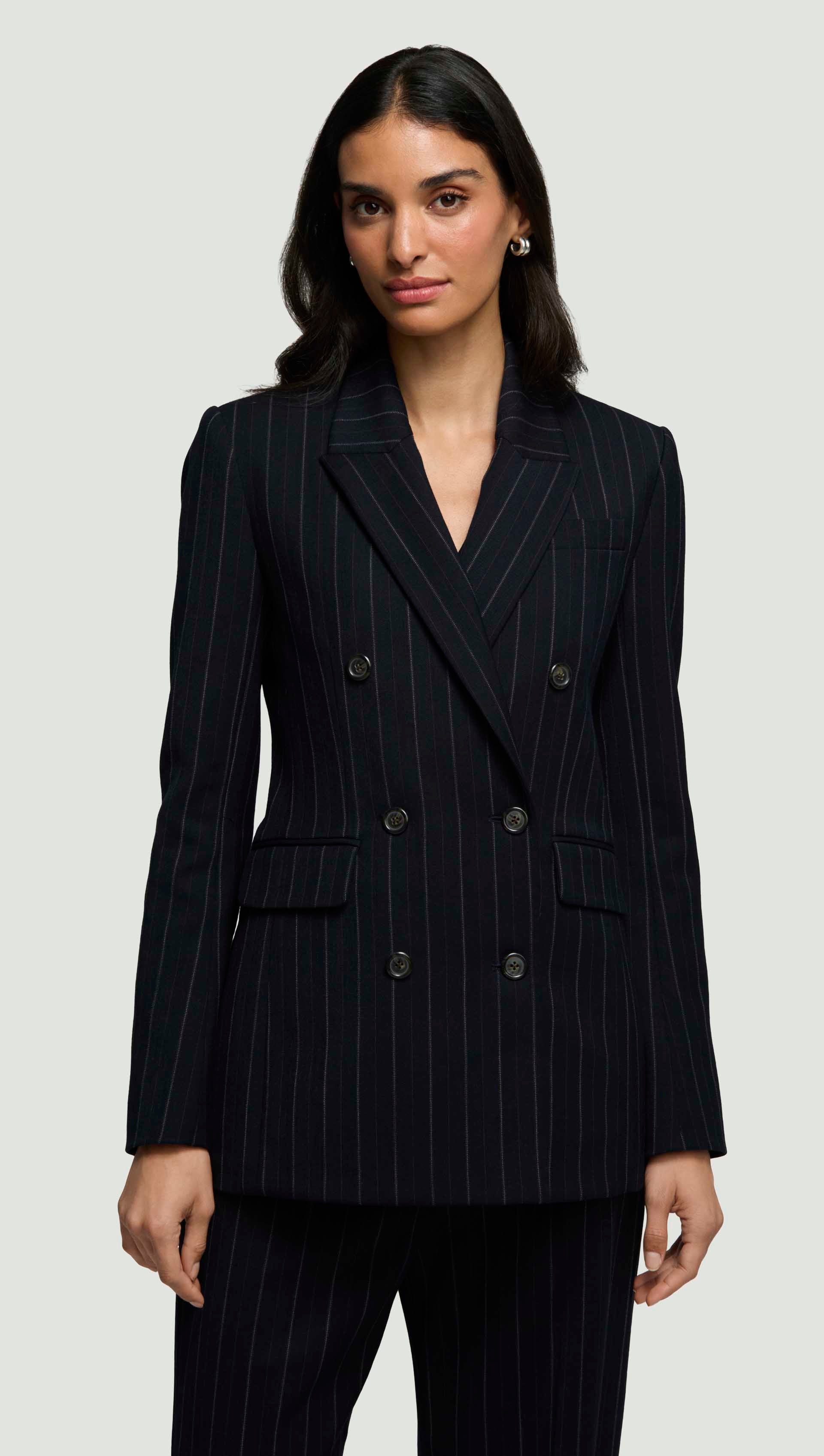 Double-Breasted Blazer in Stretch Wool | Herringbone Midnight Stripe
