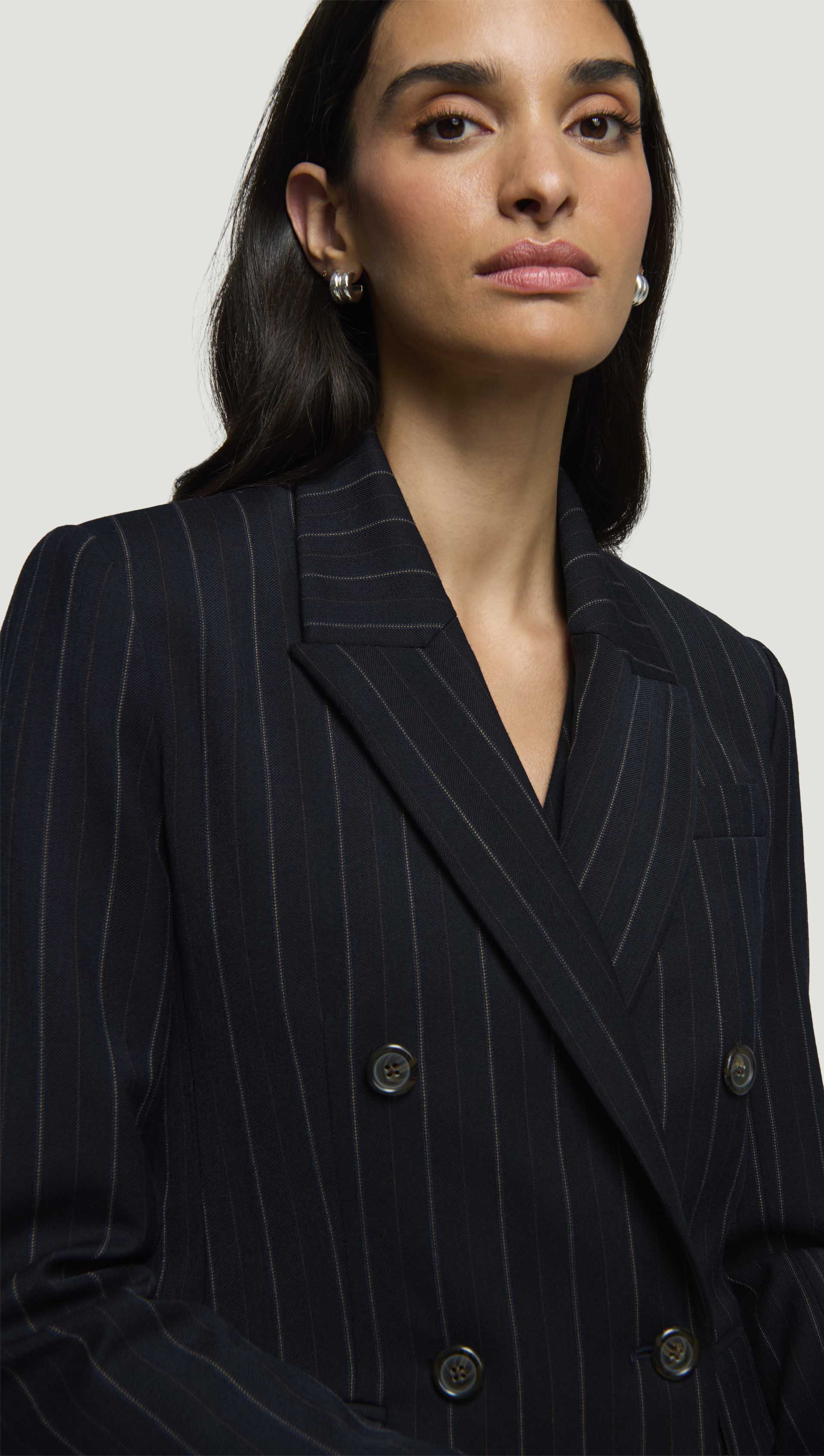 Double-Breasted Blazer in Stretch Wool | Herringbone Midnight Stripe