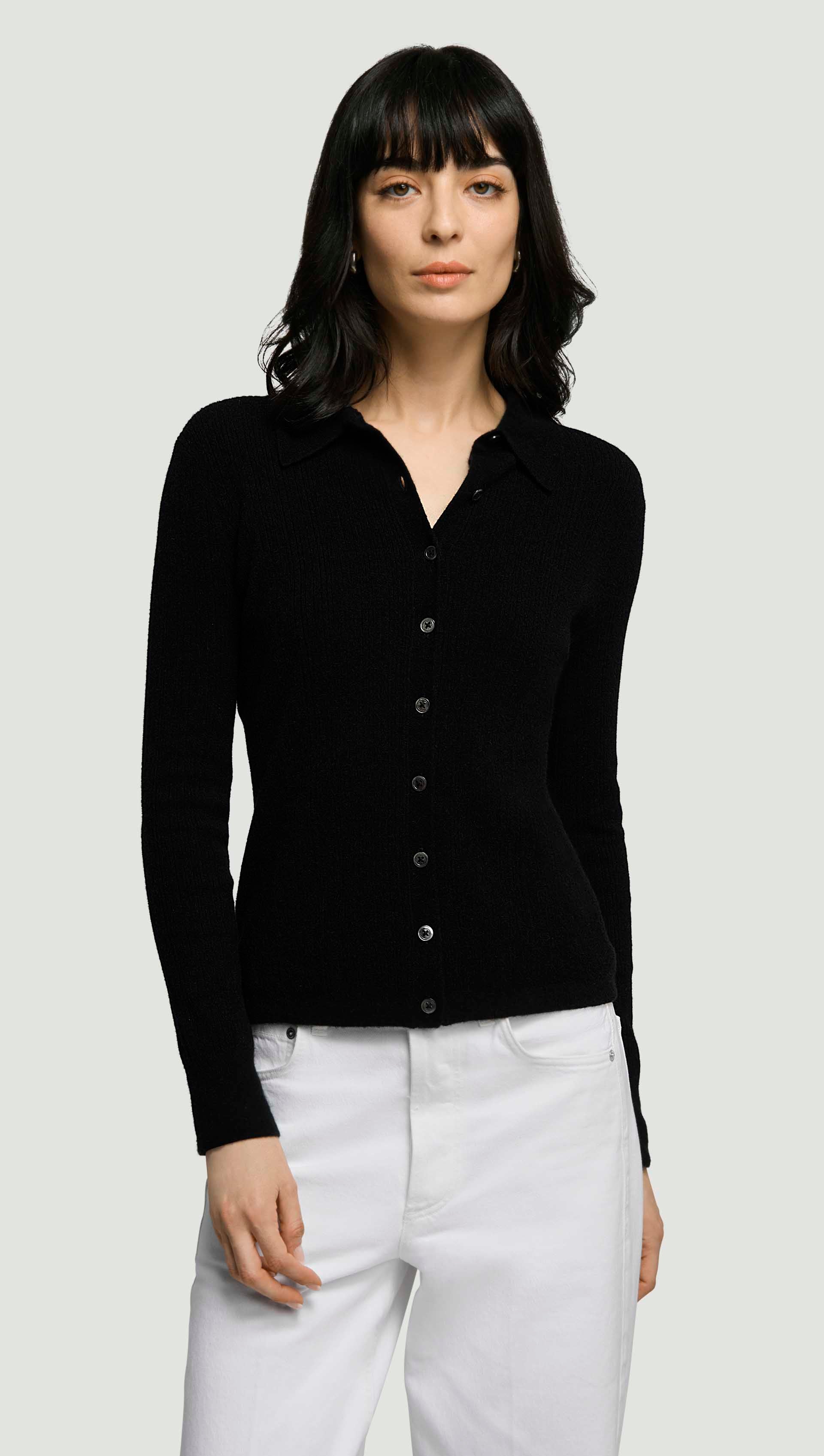 Ribbed Slim Cardigan in Wool Blend | Black