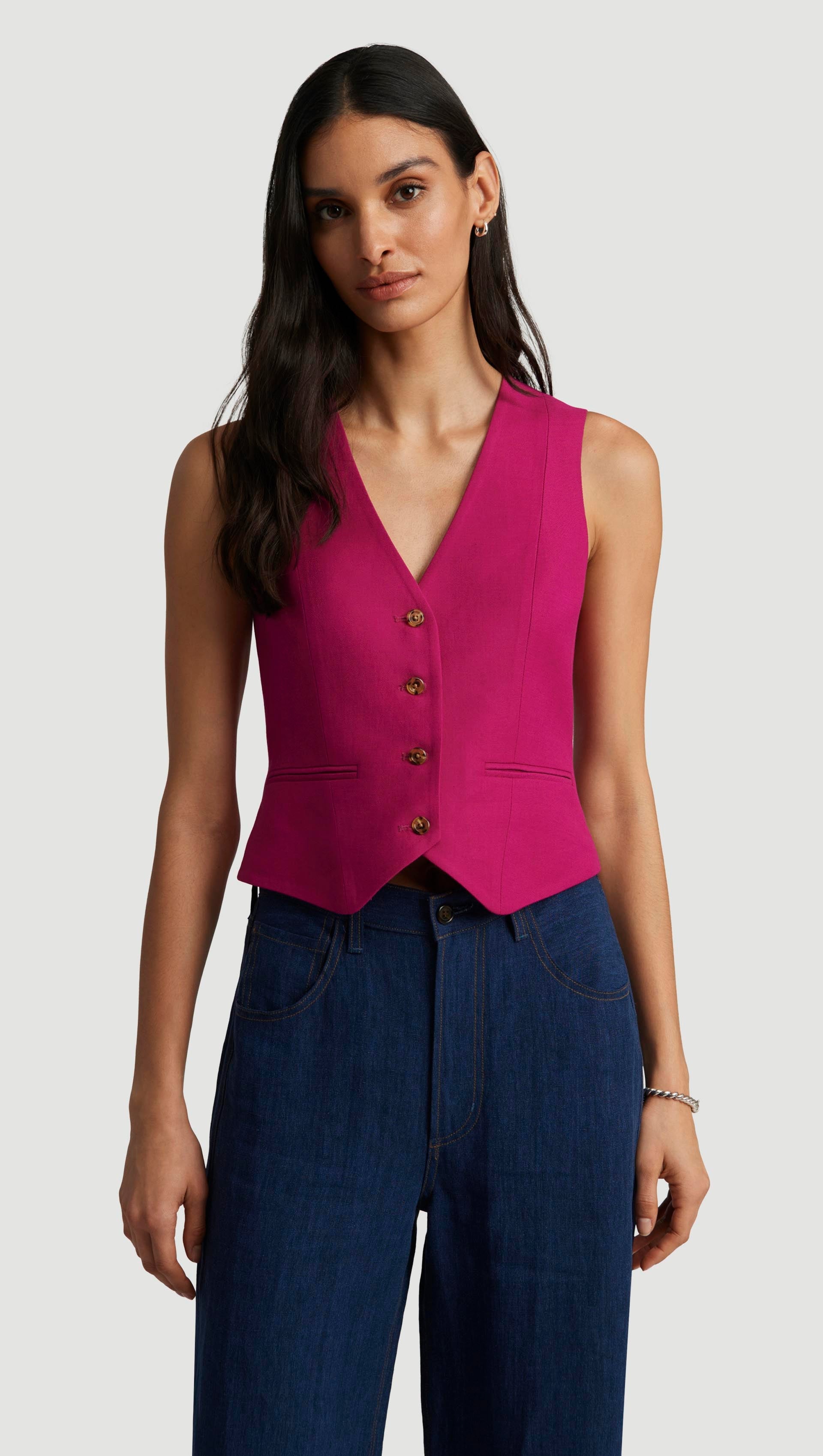 Waistcoat in Viscose Linen Twill | Fuchsia