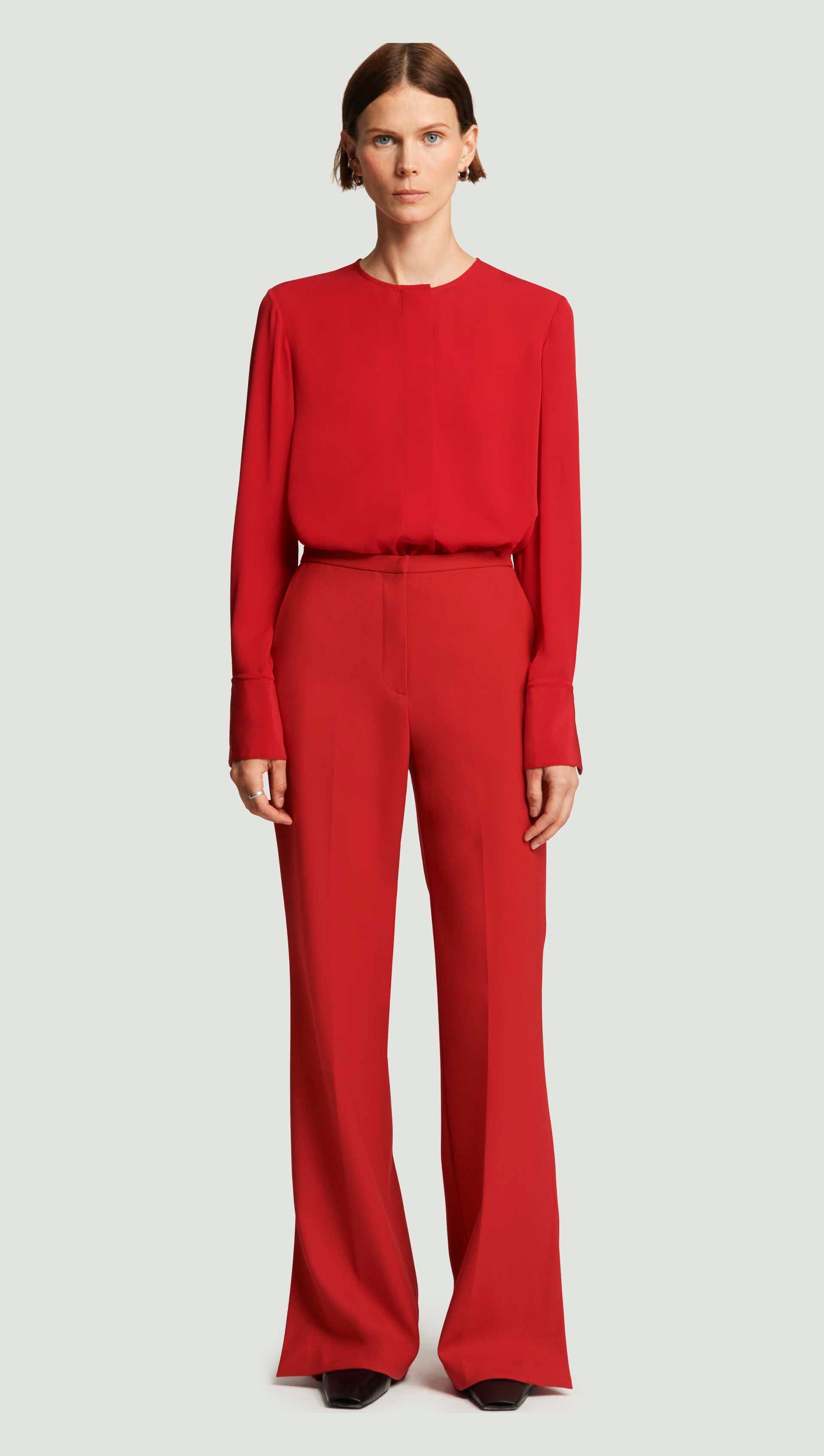 Collarless Blouse in Silk Double Georgette | Ruby Red