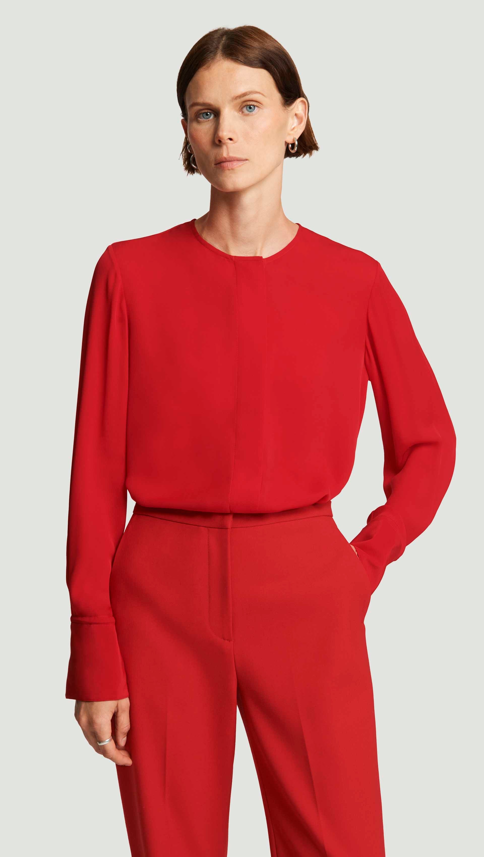 Collarless Blouse in Silk Double Georgette | Ruby Red