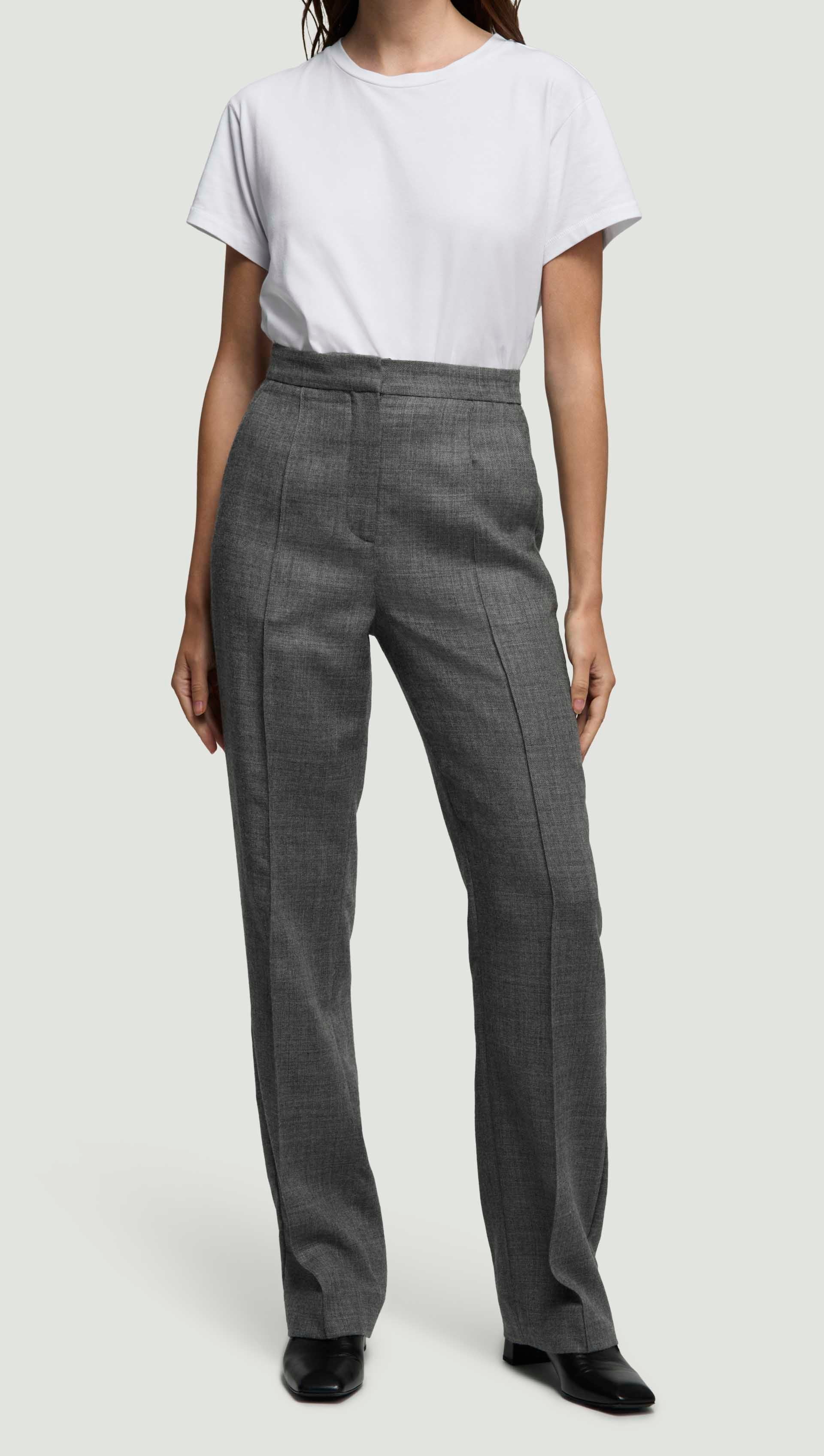 Straight Pintuck Trouser in Textured Wool Twill | Grey Melange