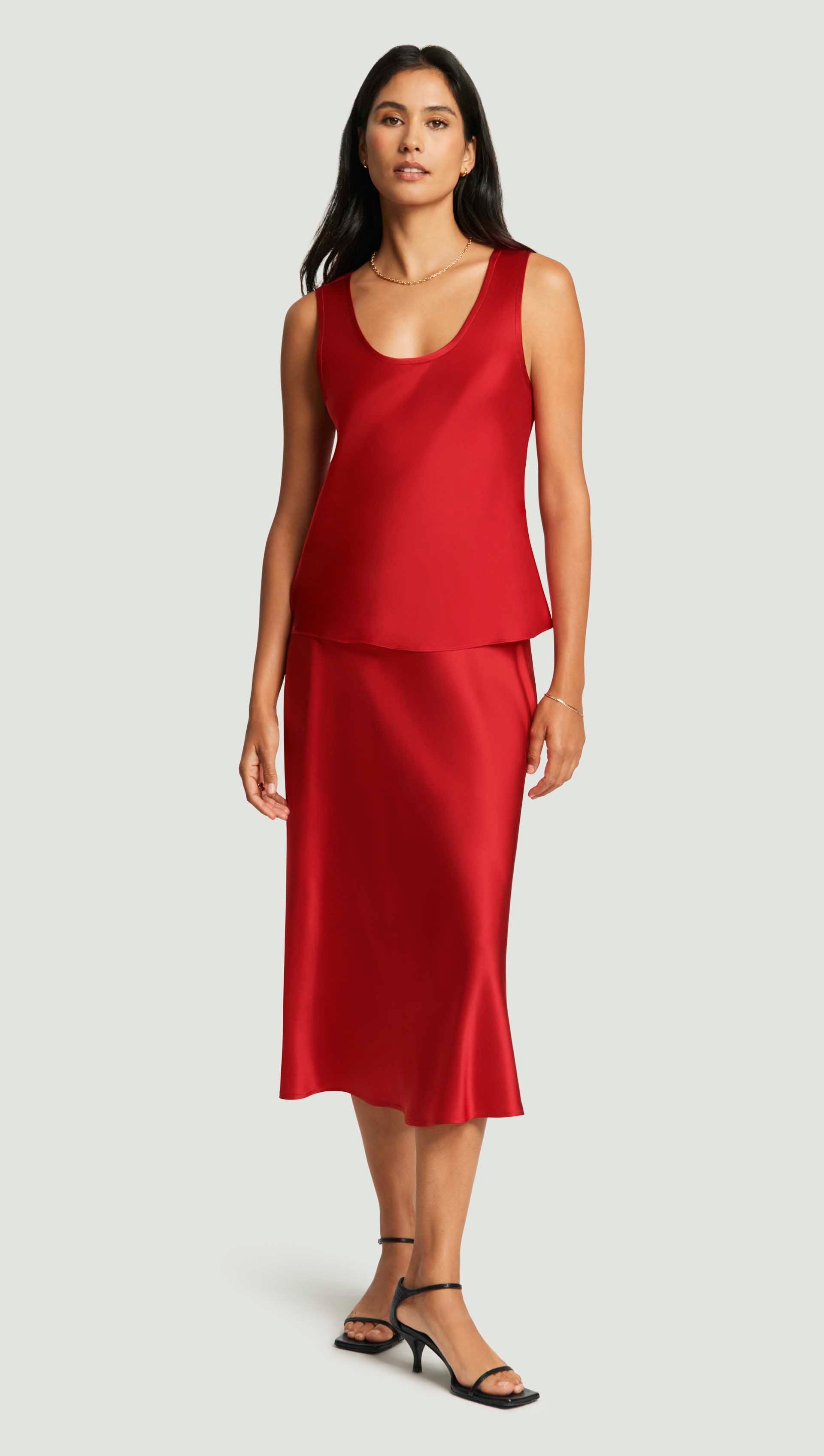 Bias Midi Skirt in Silk Charmeuse | Ruby Red