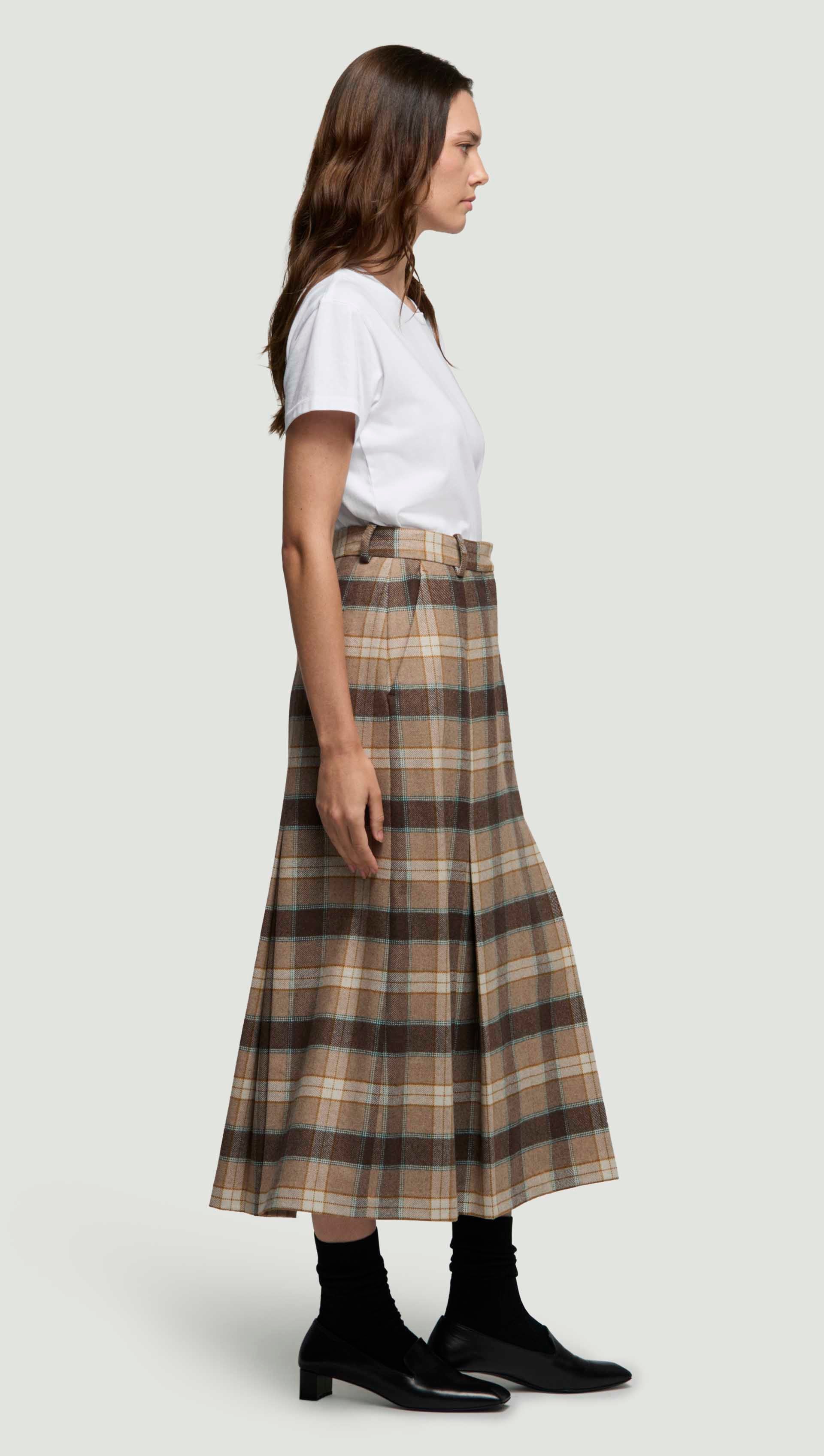 Godet Skirt in Wool | Brown Plaid
