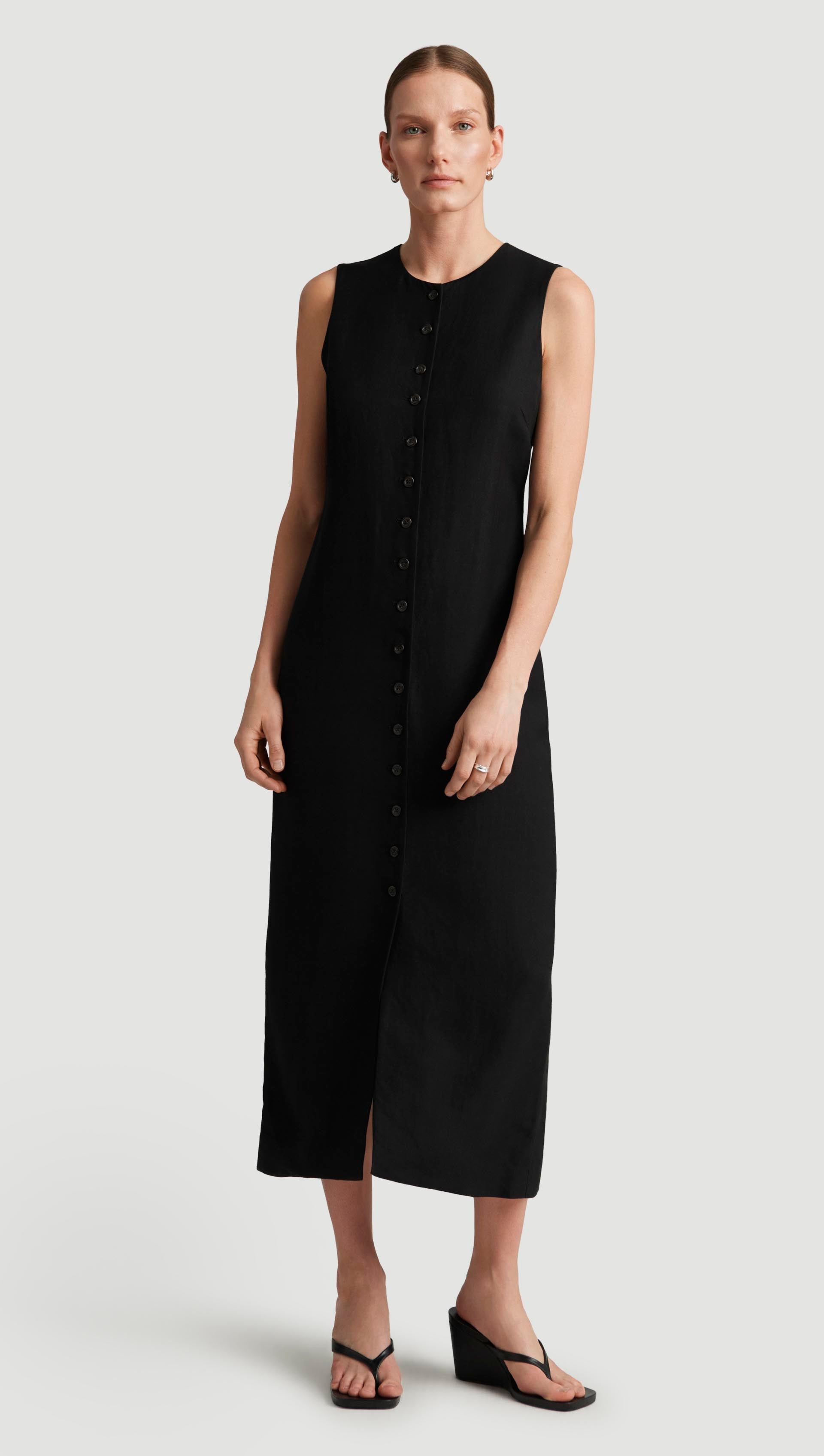 Button Dress in Viscose Linen Twill | Black