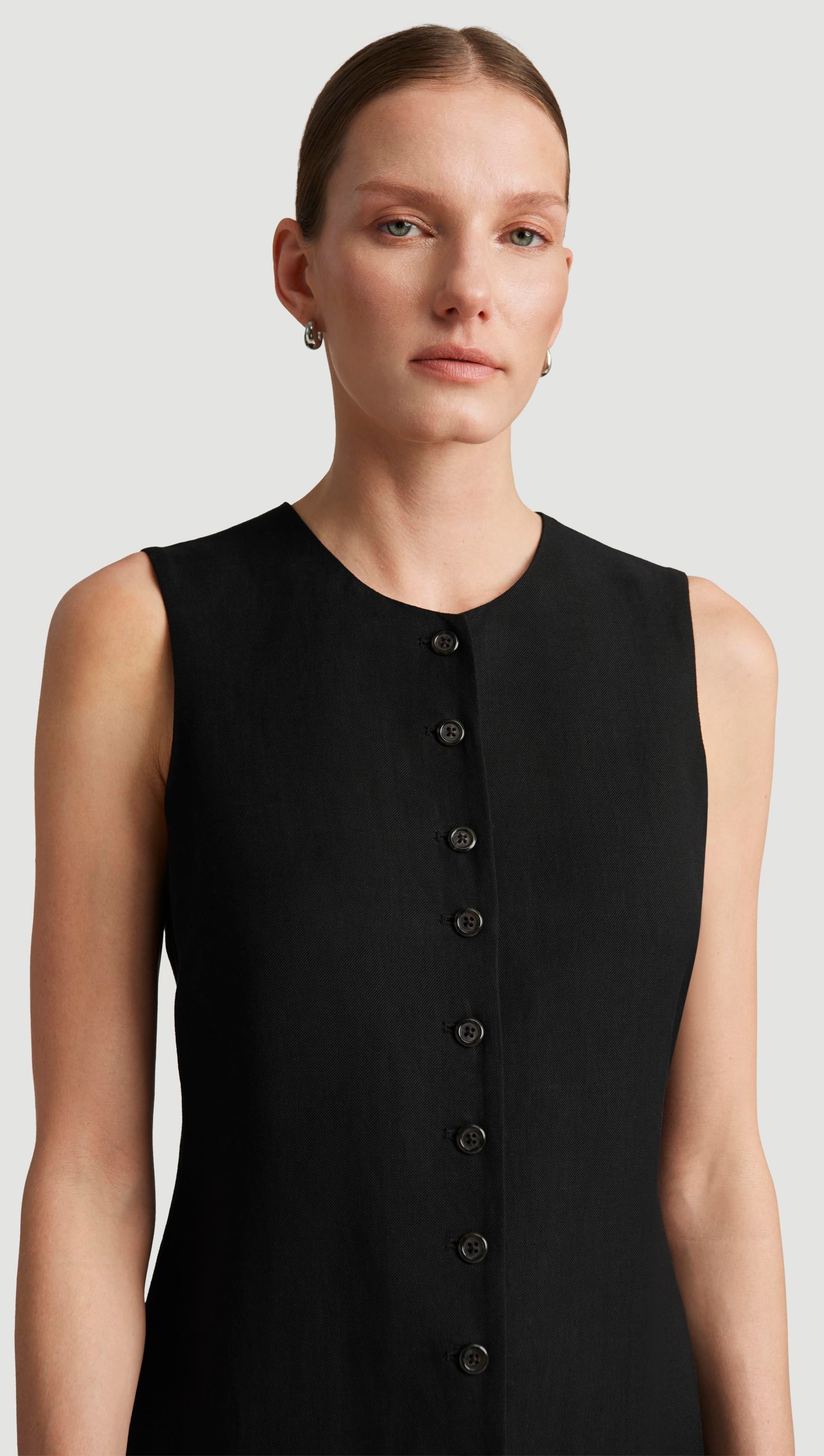 Button Dress in Viscose Linen Twill | Black