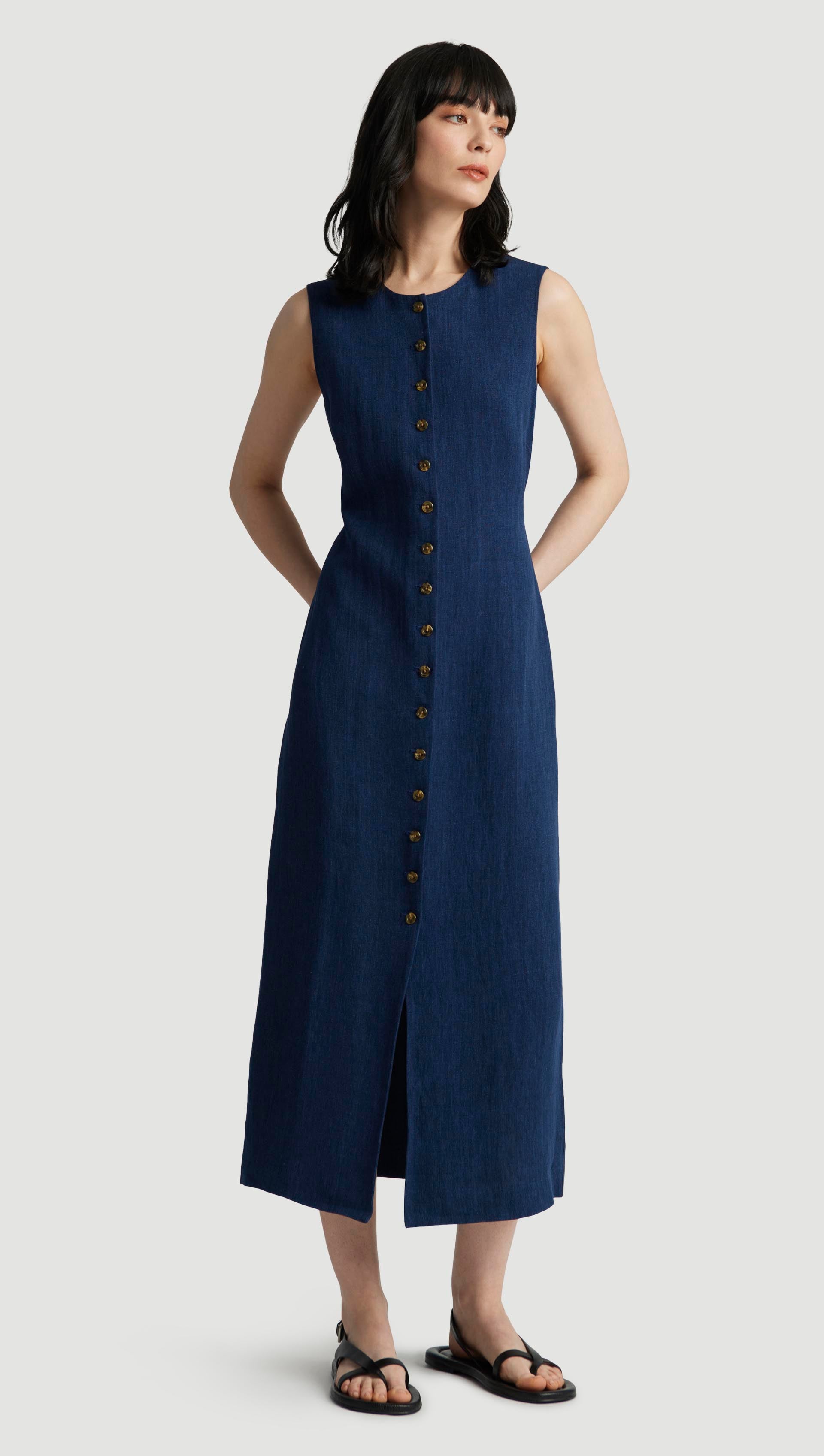 Button Dress in Linen | Denim