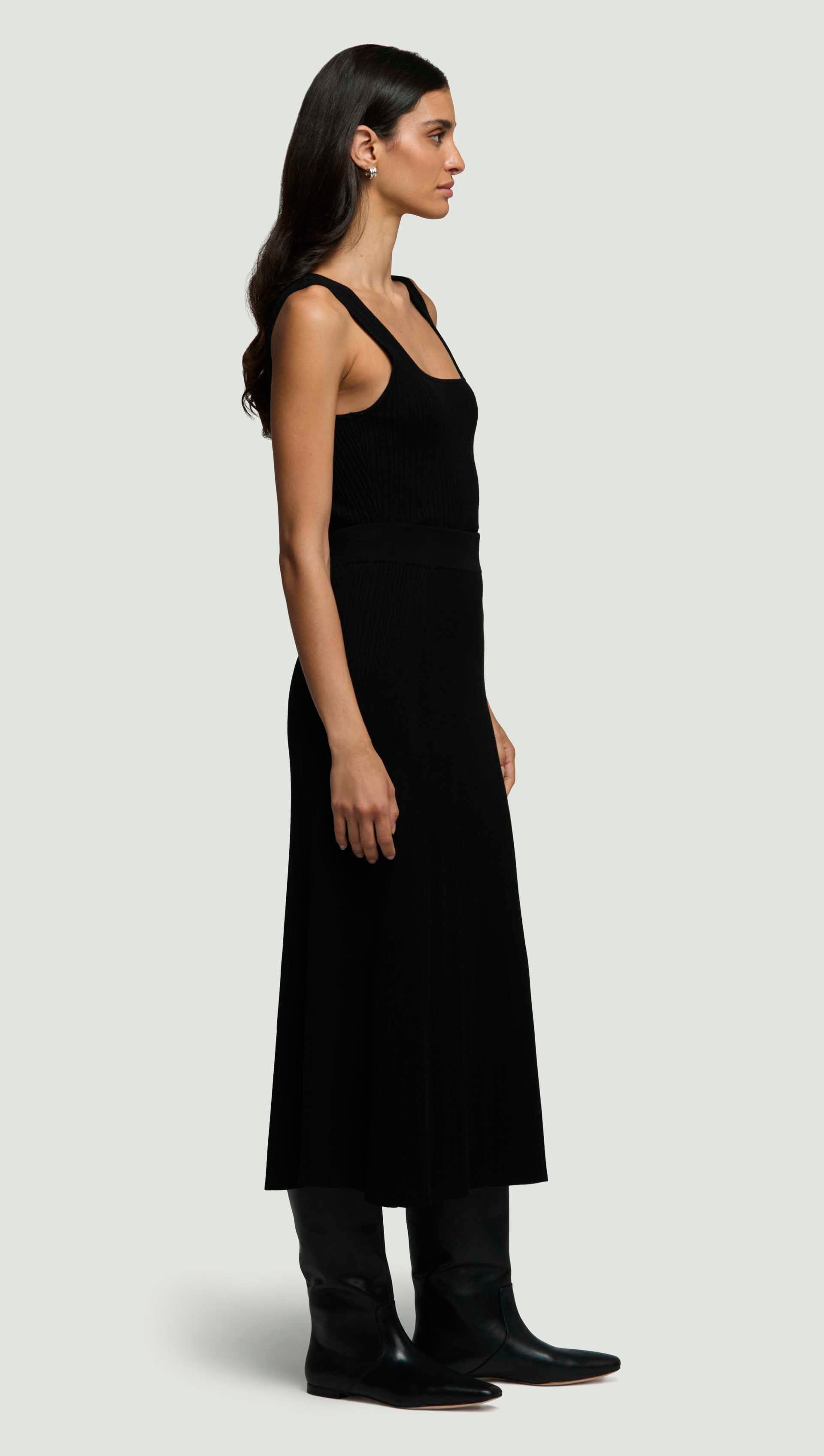 Ribbed Flare Skirt in Variegated Rib Stretch | Black