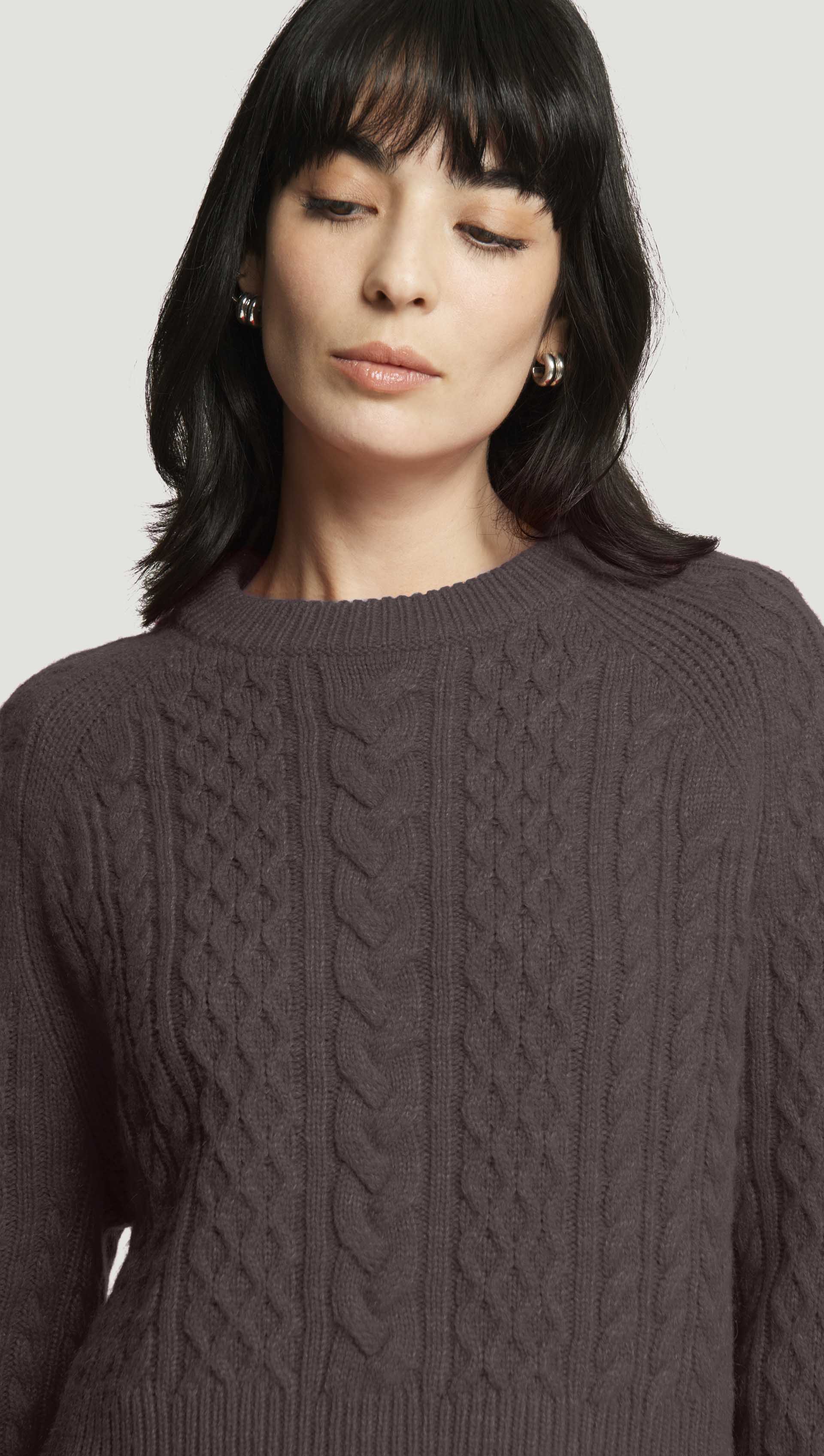 Cable Raglan Sweater in Lambswool | Tornado Brown