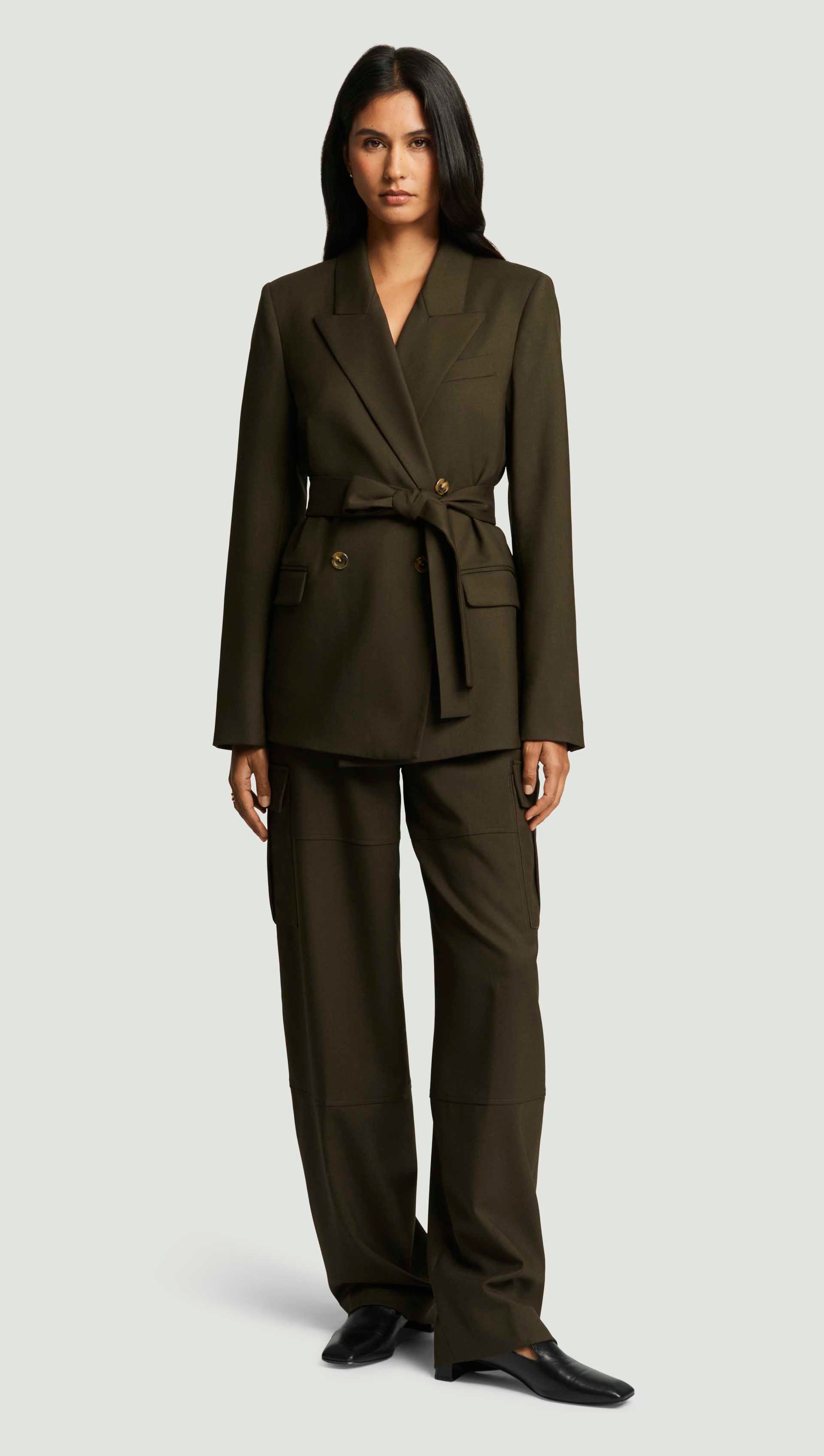 Belted Peak Lapel Blazer in Seasonless Wool | Tobacco