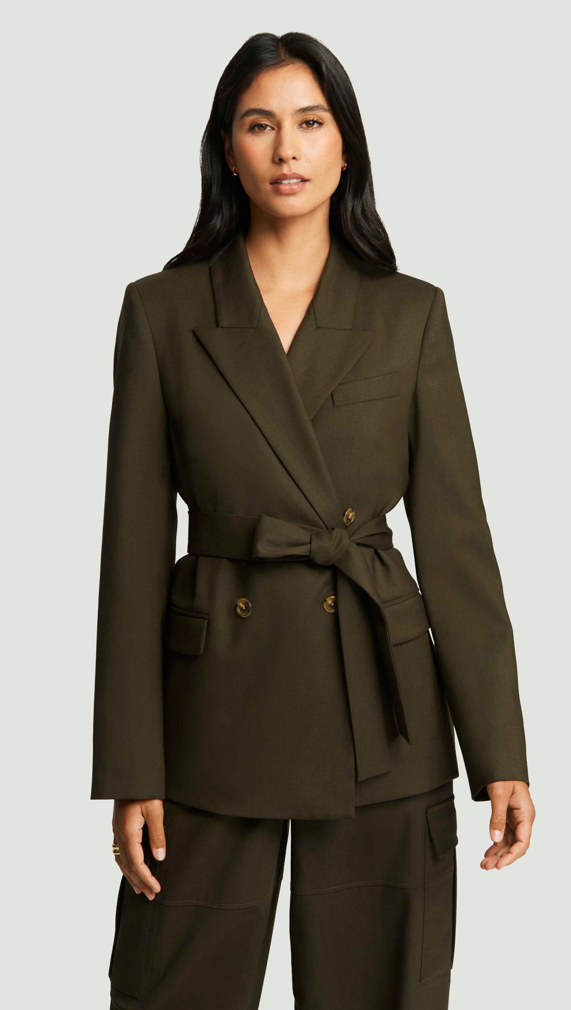 Belted Peak Lapel Blazer in Seasonless Wool | Tobacco