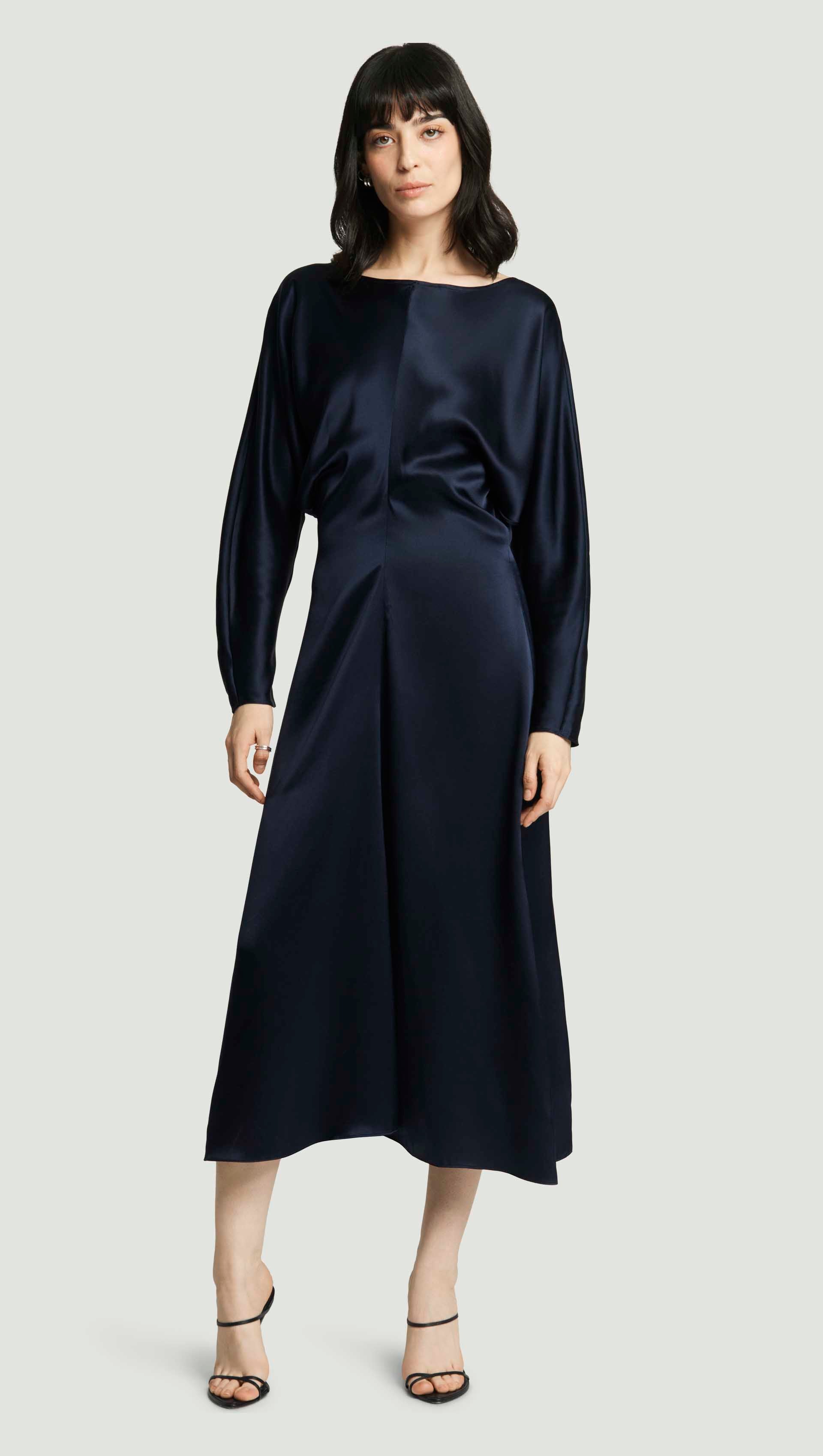 Longsleeve Draped Dress in Silk Charmeuse | Midnight