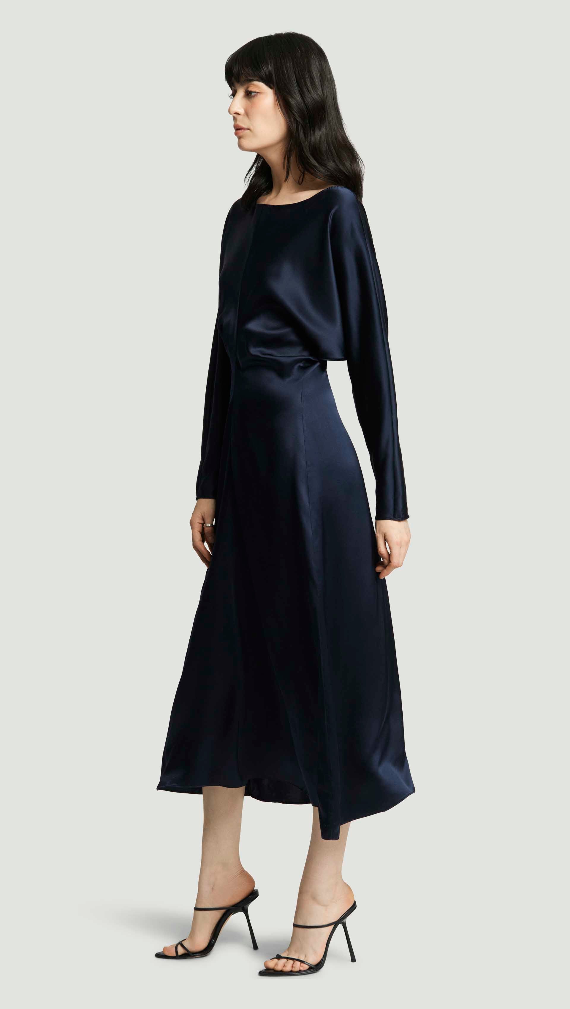 Longsleeve Draped Dress in Silk Charmeuse | Midnight