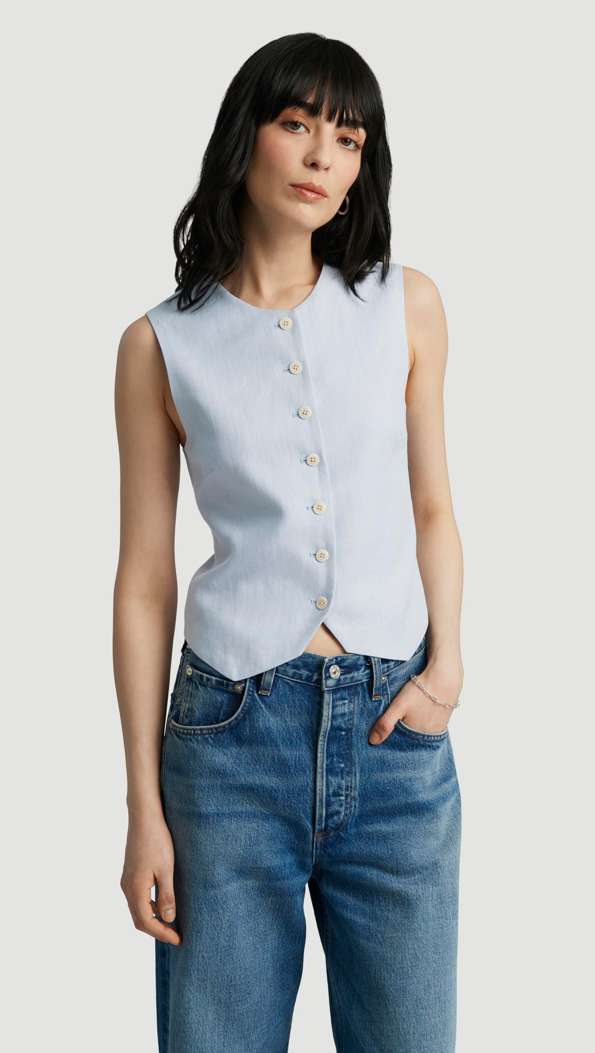 High-Neck Button Waistcoat in Linen Twill | Glacier