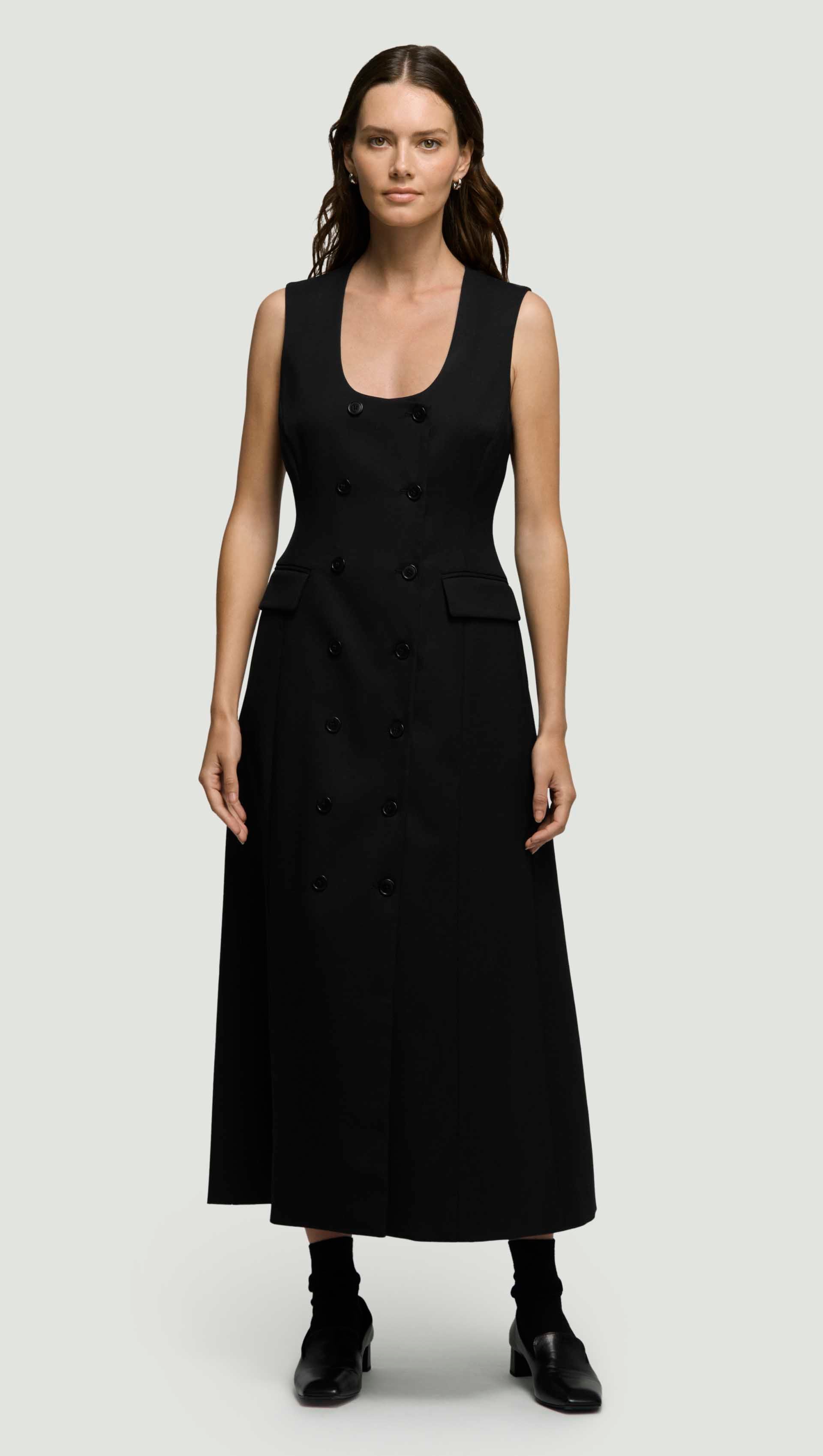 Scoop Neck Double-Breasted Dress in Seasonless Wool | Black