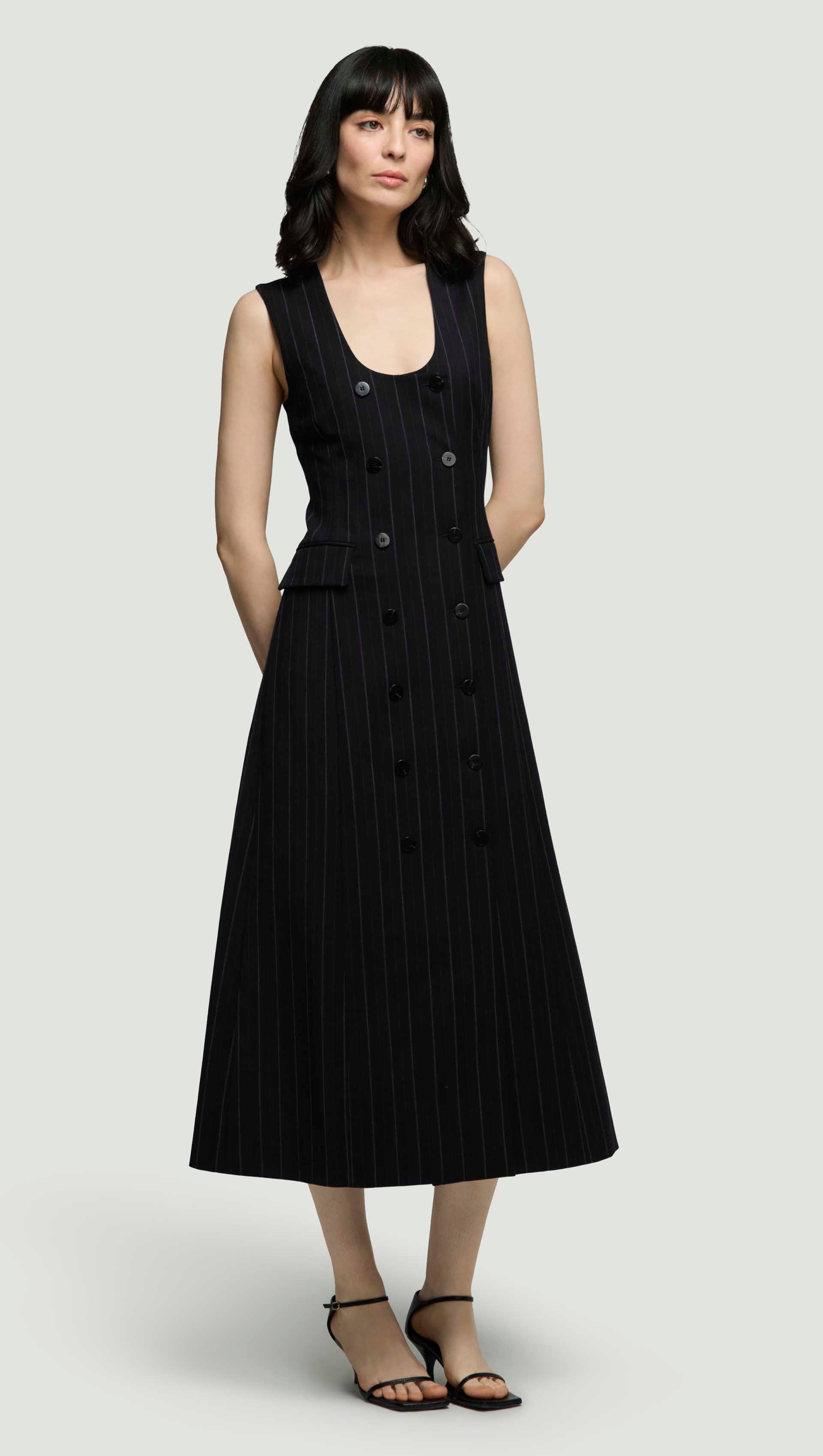 Scoop Neck Double-Breasted Dress in Stretch Wool | Herringbone Midnight Stripe