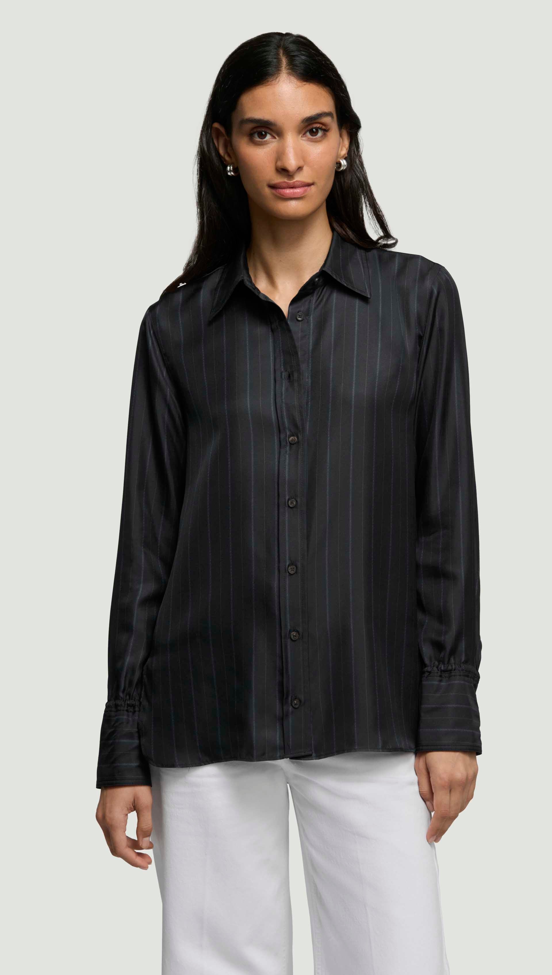 Slim Blouse in Silk Twill | Midnight Stripe