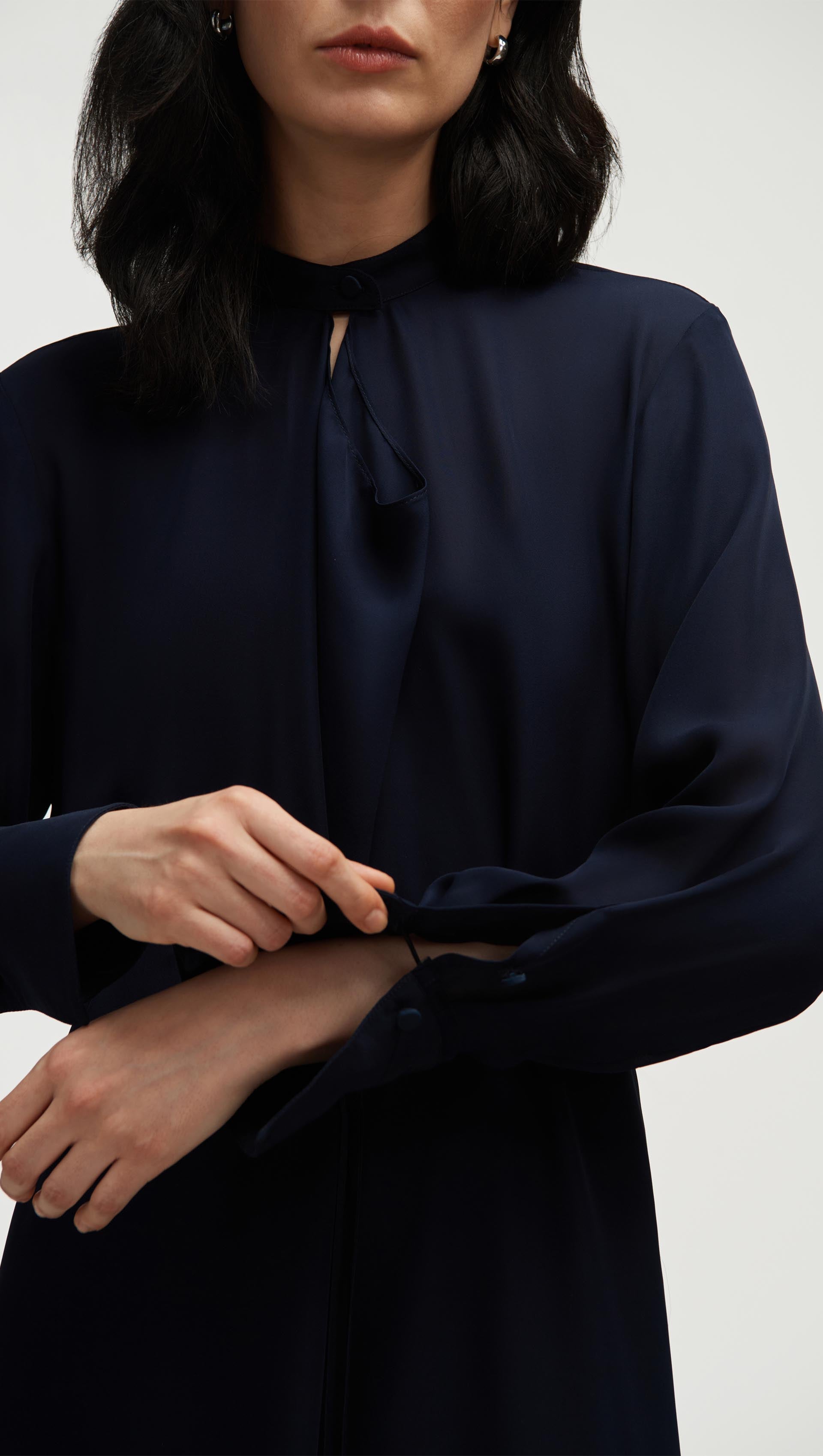Longsleeve Cowl Neck Dress in Silk | Midnight