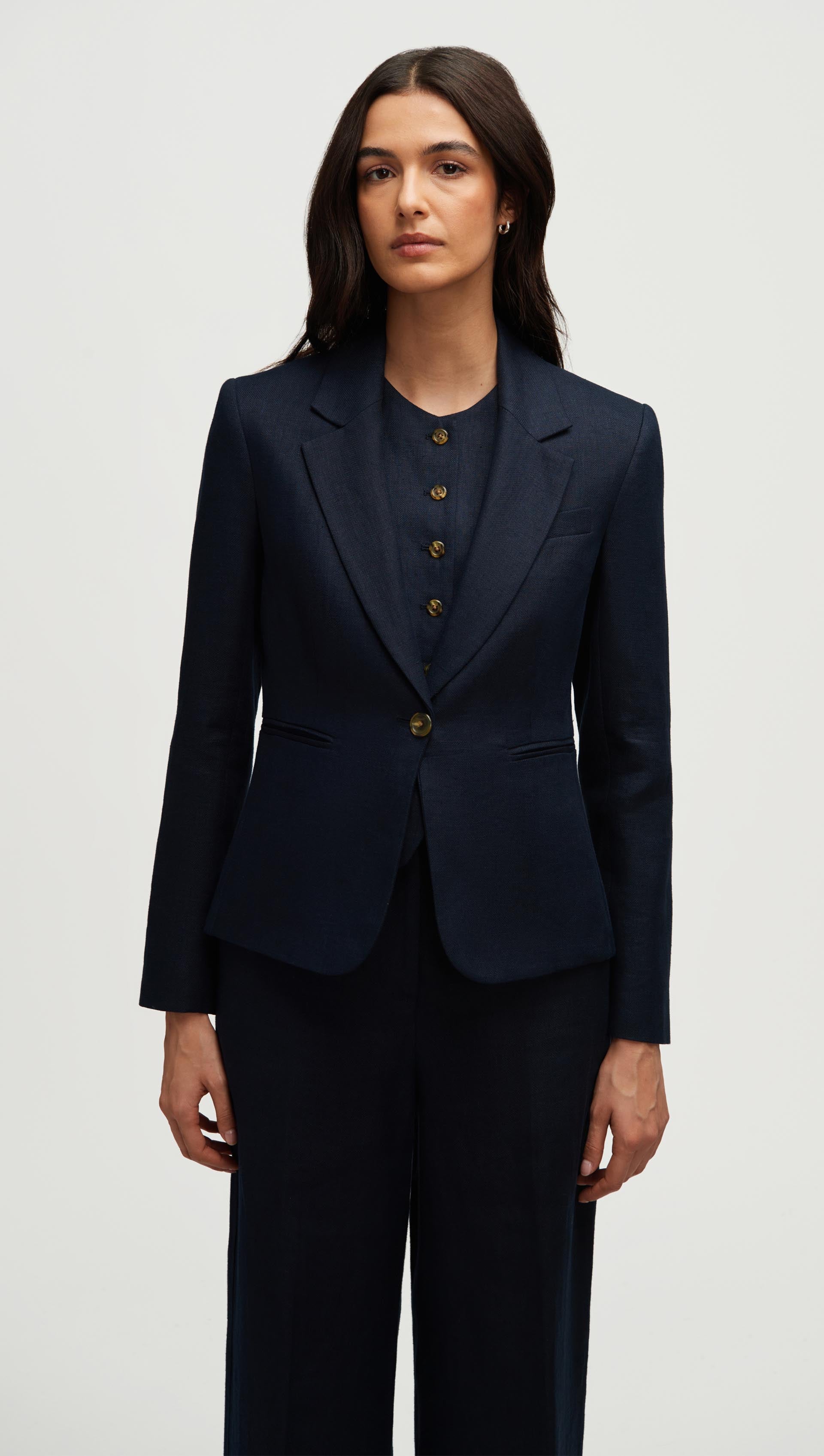 Schoolboy Blazer in Basket Weave Linen | Midnight