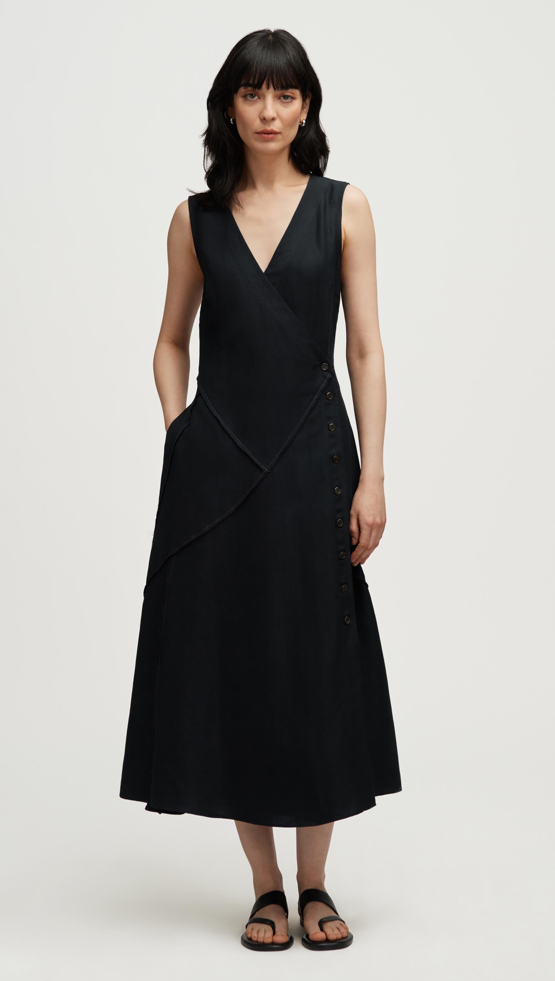 Patchwork Dress in Viscose Linen Twill | Black