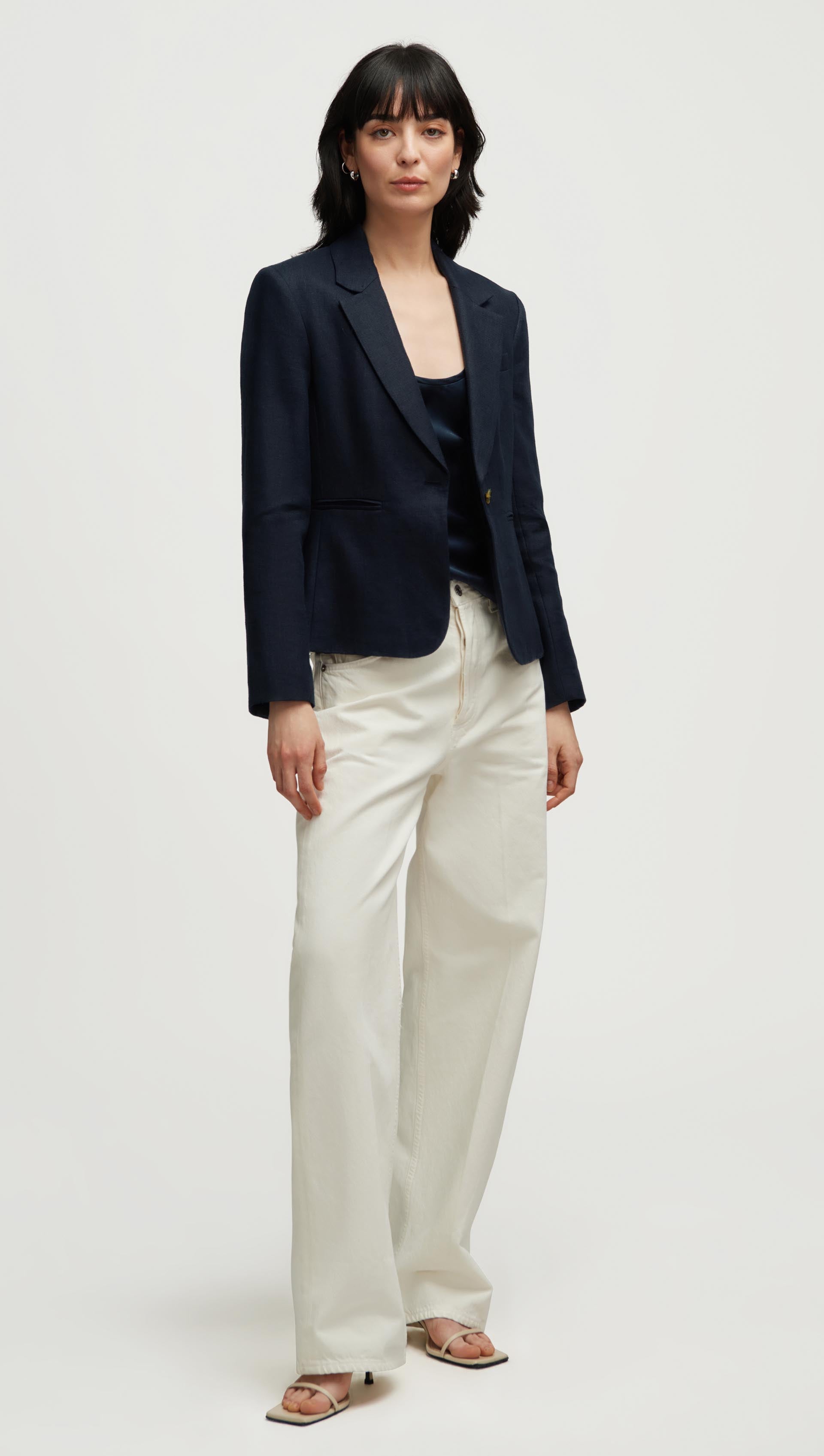 Schoolboy Blazer in Basket Weave Linen | Midnight