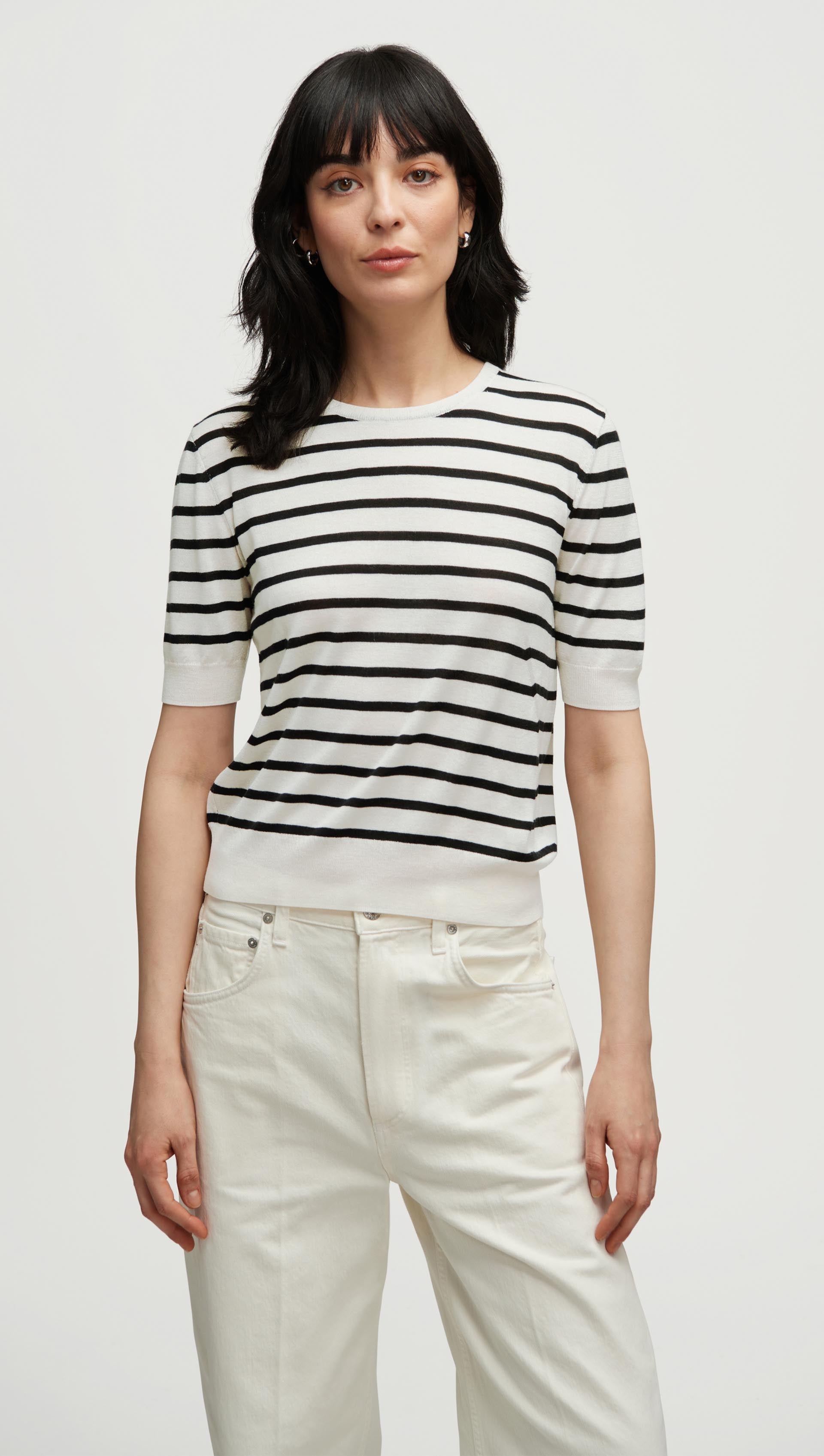 Fine Shortsleeve Knit in Wool Silk | White/Black Stripe