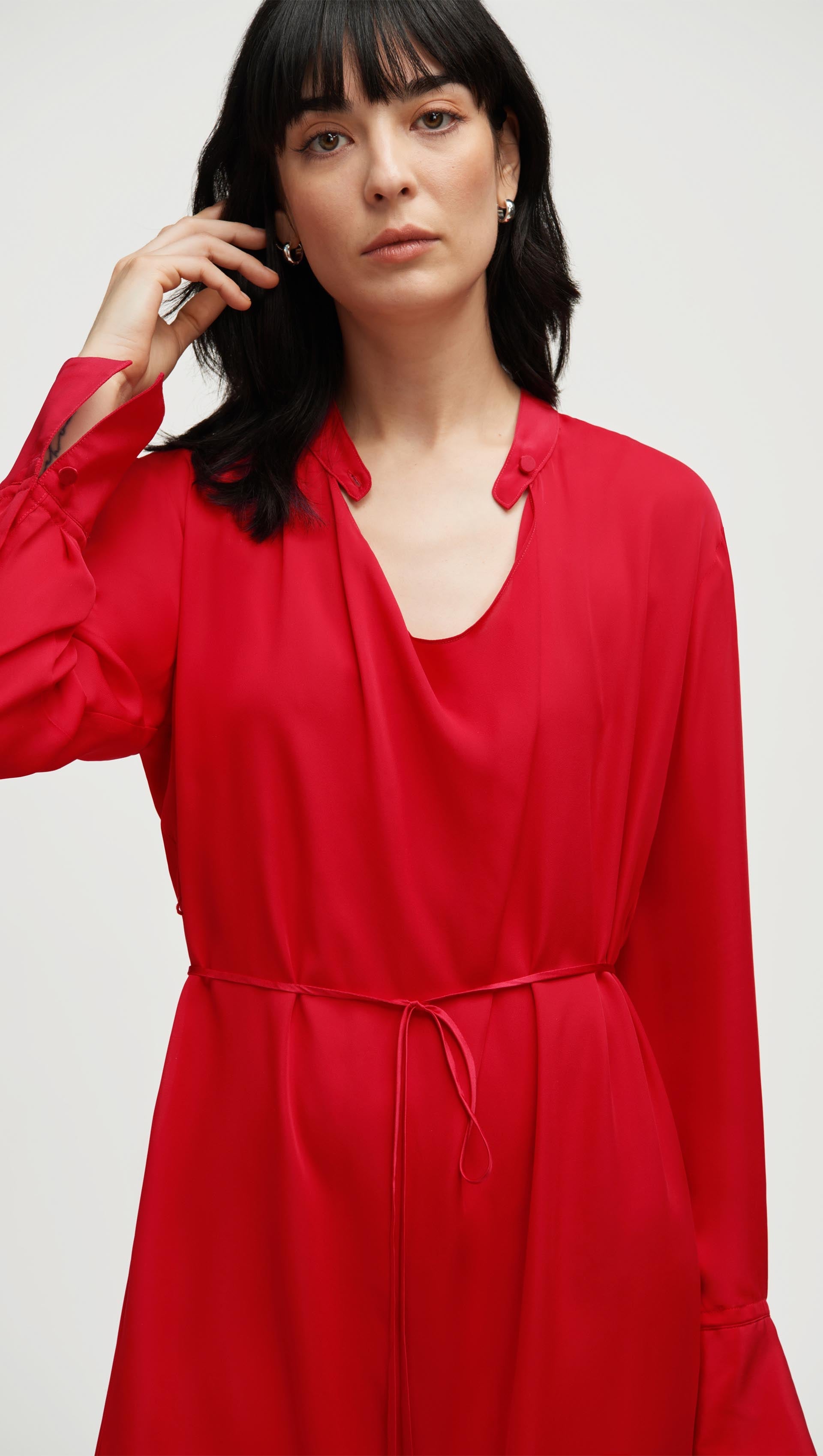 Longsleeve Cowl Neck Dress in Silk | Tomato