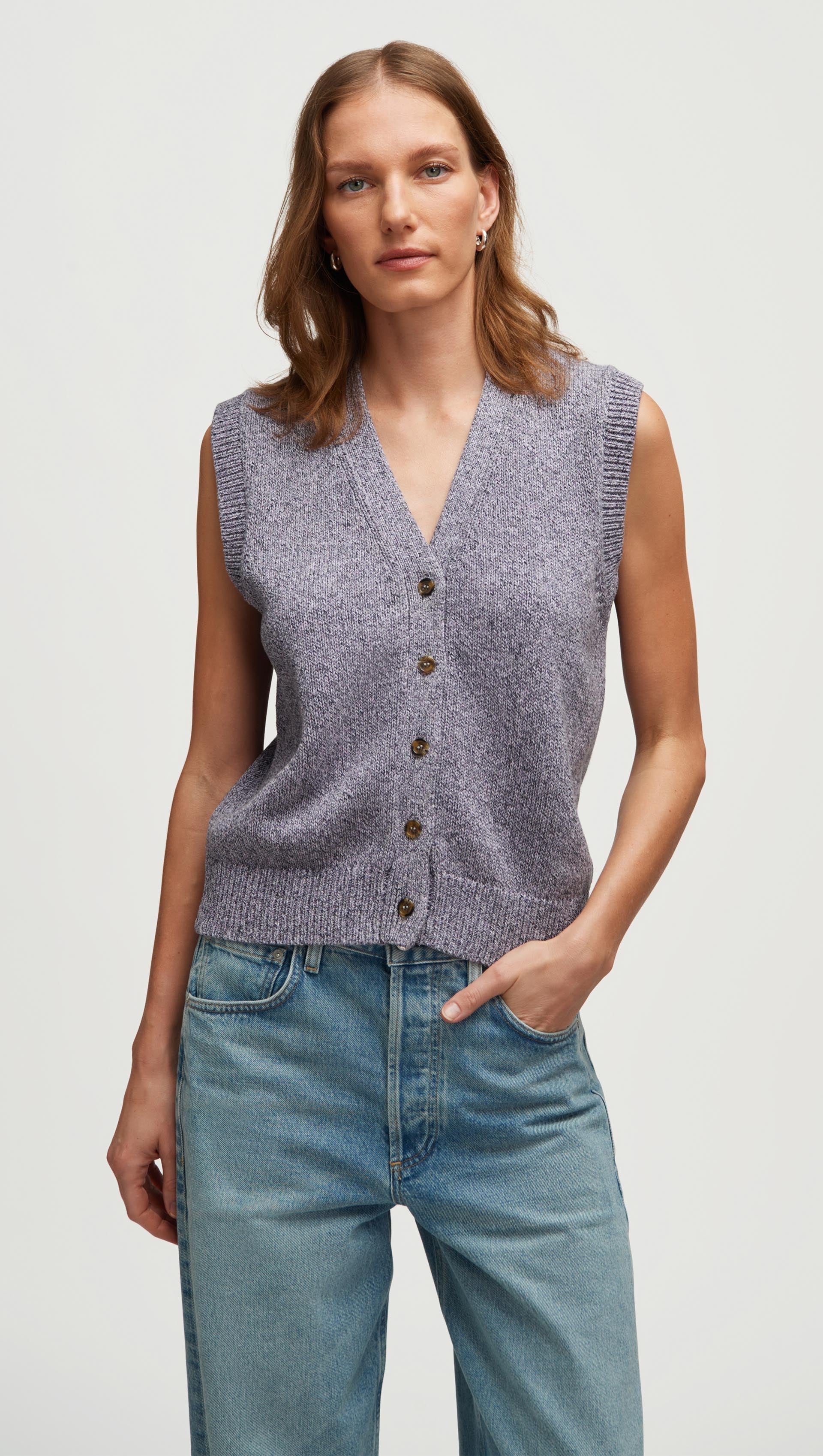 Knit Button Vest in Cotton | Purple Multi